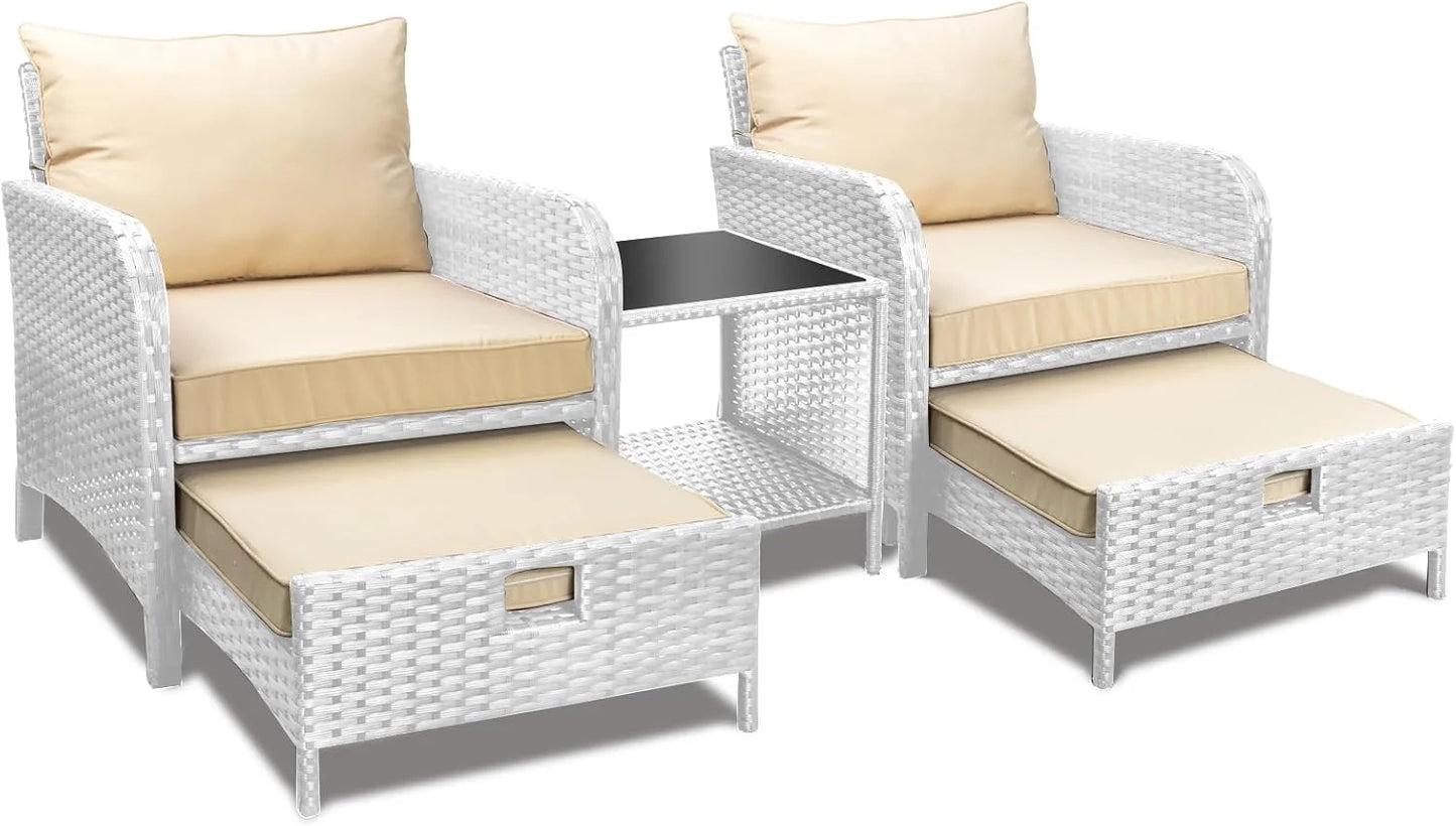 LEVELEVE Balcony Furniture 5 Piece Patio Conversation Set, PE Wicker Rattan Outdoor Lounge Chairs with Soft Cushions 2 Ottoman&Glass Table for Porch, Lawn-Brown Wicker
