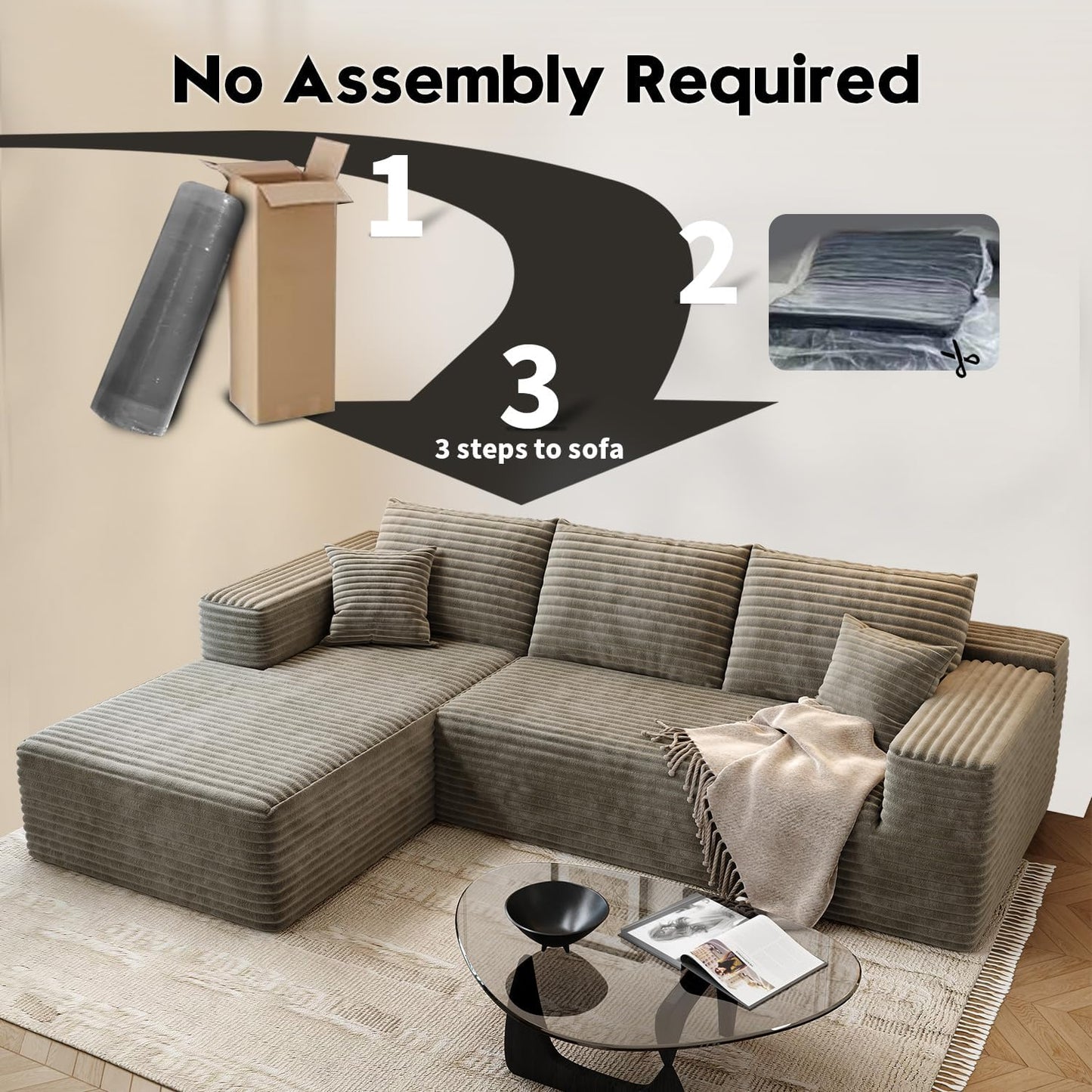107.5" Cloud Modular Sectional Sofa Couch with L-Shape Chaise,Modern Minimalist Upholstered Couches for Living Room Bedroom,Deep Seat Corner Couch .No Assembly Required (Black,Left Facing Chaise)