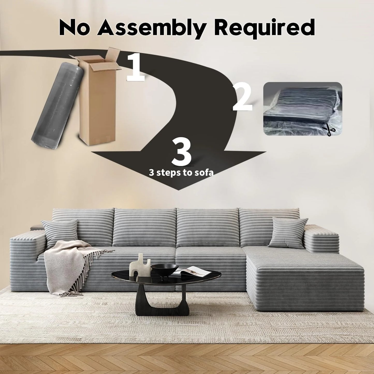 107.5" Cloud Modular Sectional Sofa Couch with L-Shape Chaise,Modern Minimalist Upholstered Couches for Living Room Bedroom,Deep Seat Corner Couch .No Assembly Required (Black,Left Facing Chaise)