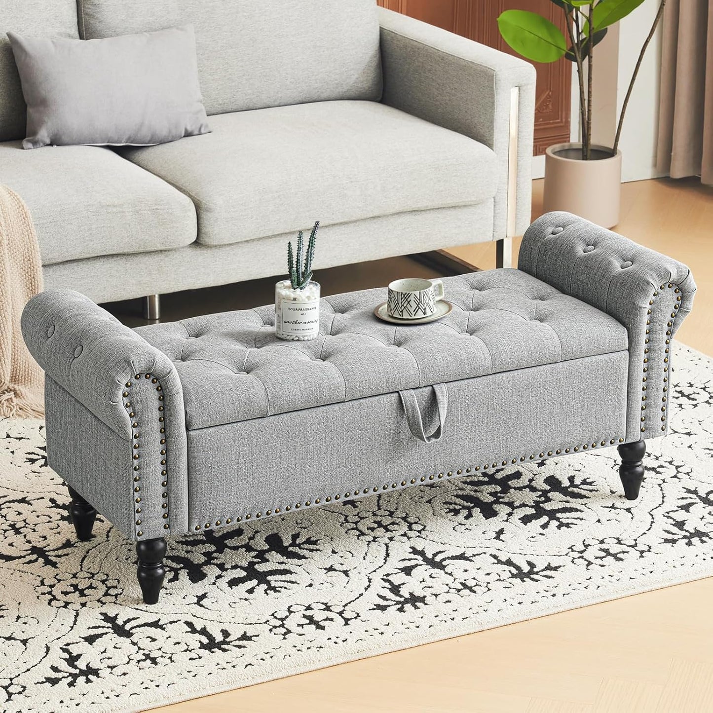 Furniliving Modern Storage Ottoman Bench, Sherpa Ottoman End of Bed Bench with Solid Wood Legs Upholstered Ottoman Benches with Storage Indoor Bench for Living Room with Rolled Arm, Entryway, White