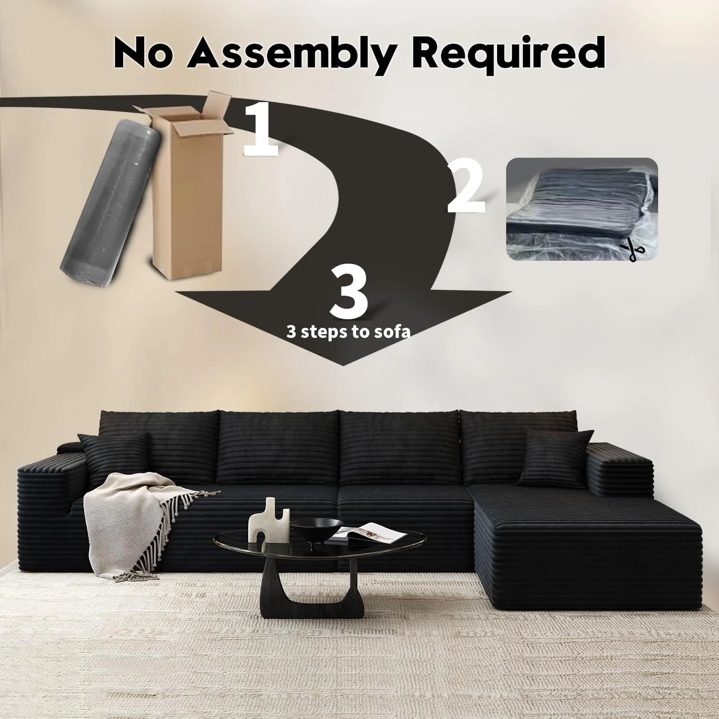 107.5" Cloud Modular Sectional Sofa Couch with L-Shape Chaise,Modern Minimalist Upholstered Couches for Living Room Bedroom,Deep Seat Corner Couch .No Assembly Required (Black,Left Facing Chaise)
