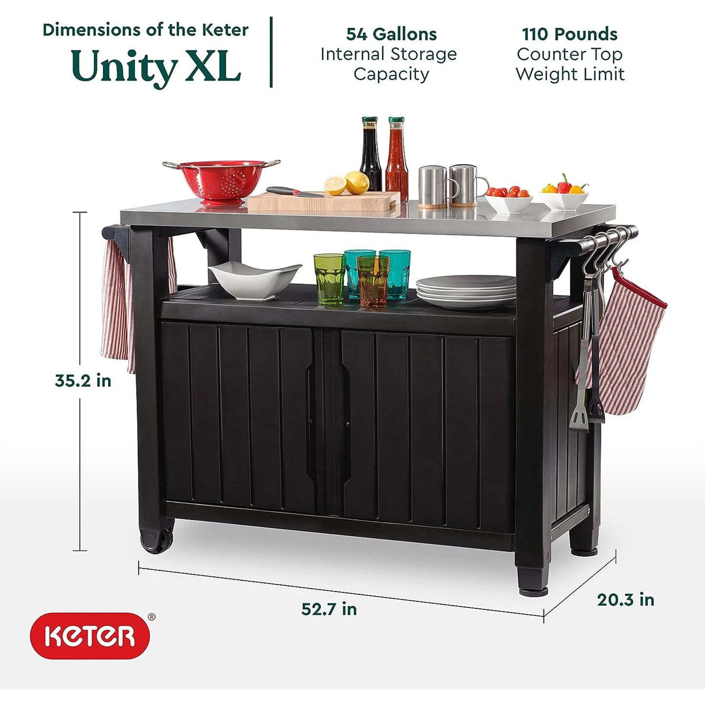 Keter Unity XL Outdoor Durable Kitchen Rolling Bar Cart with Storage Cabinet, Brown