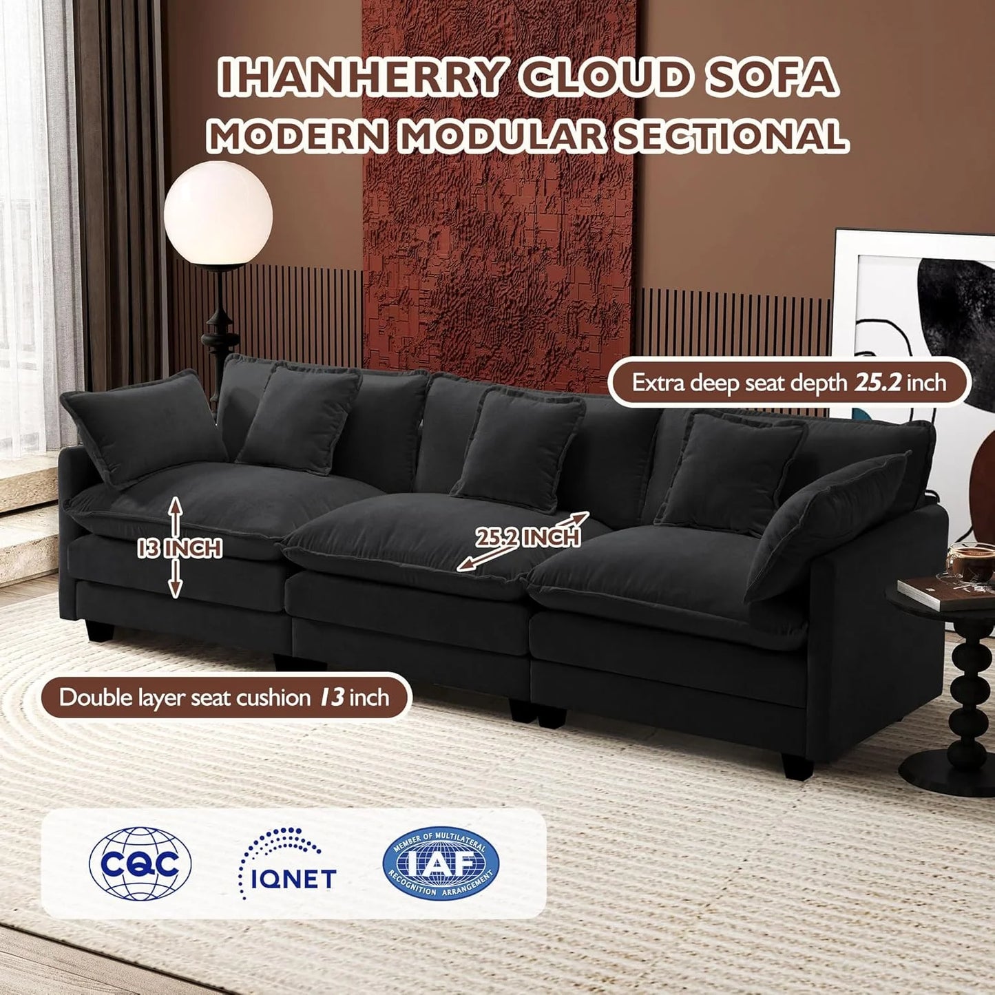 Ihanherry 146" U-Shaped Modern Sofa Modular Sectional Cloud Couch with 2 Ottoman, 6-Seat Chenille Deep Seat Sofa with 6 Pillows for Living Room, Bedroom and Apartment, Grey