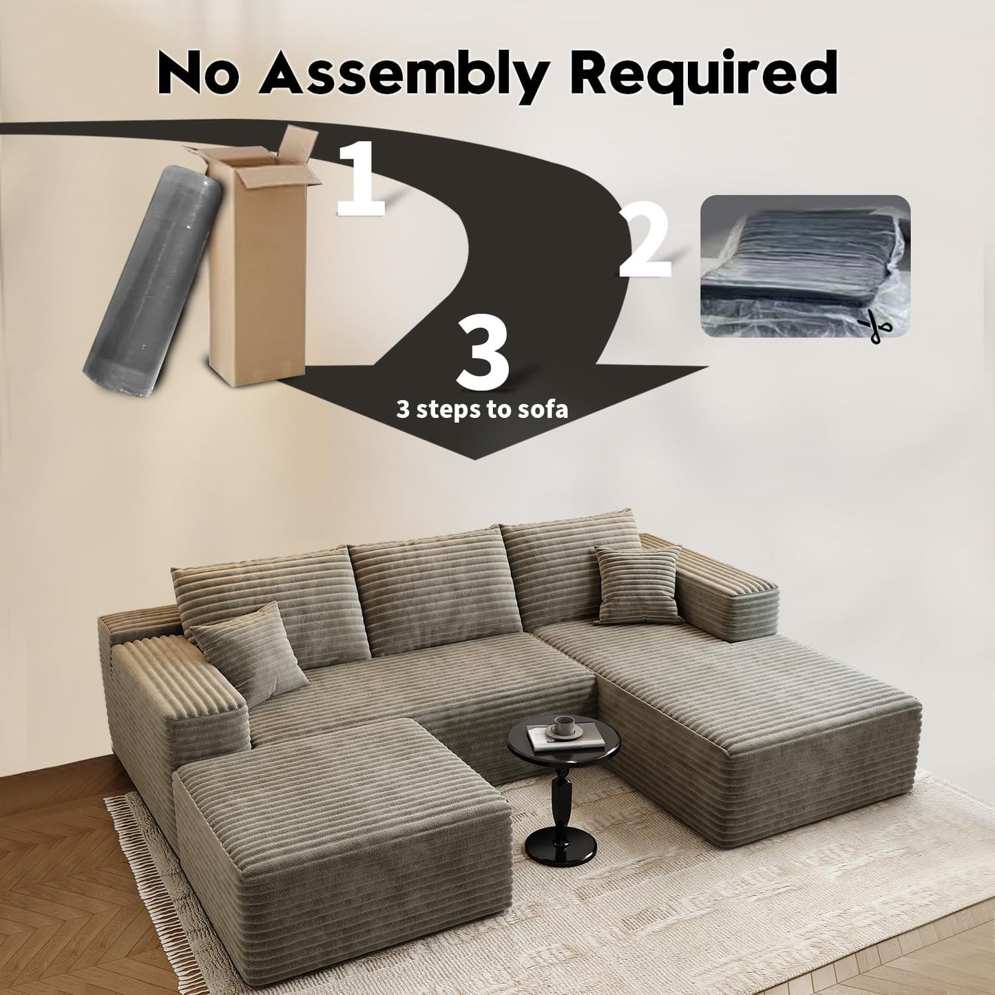 107.5" Cloud Modular Sectional Sofa Couch with L-Shape Chaise,Modern Minimalist Upholstered Couches for Living Room Bedroom,Deep Seat Corner Couch .No Assembly Required (Black,Left Facing Chaise)
