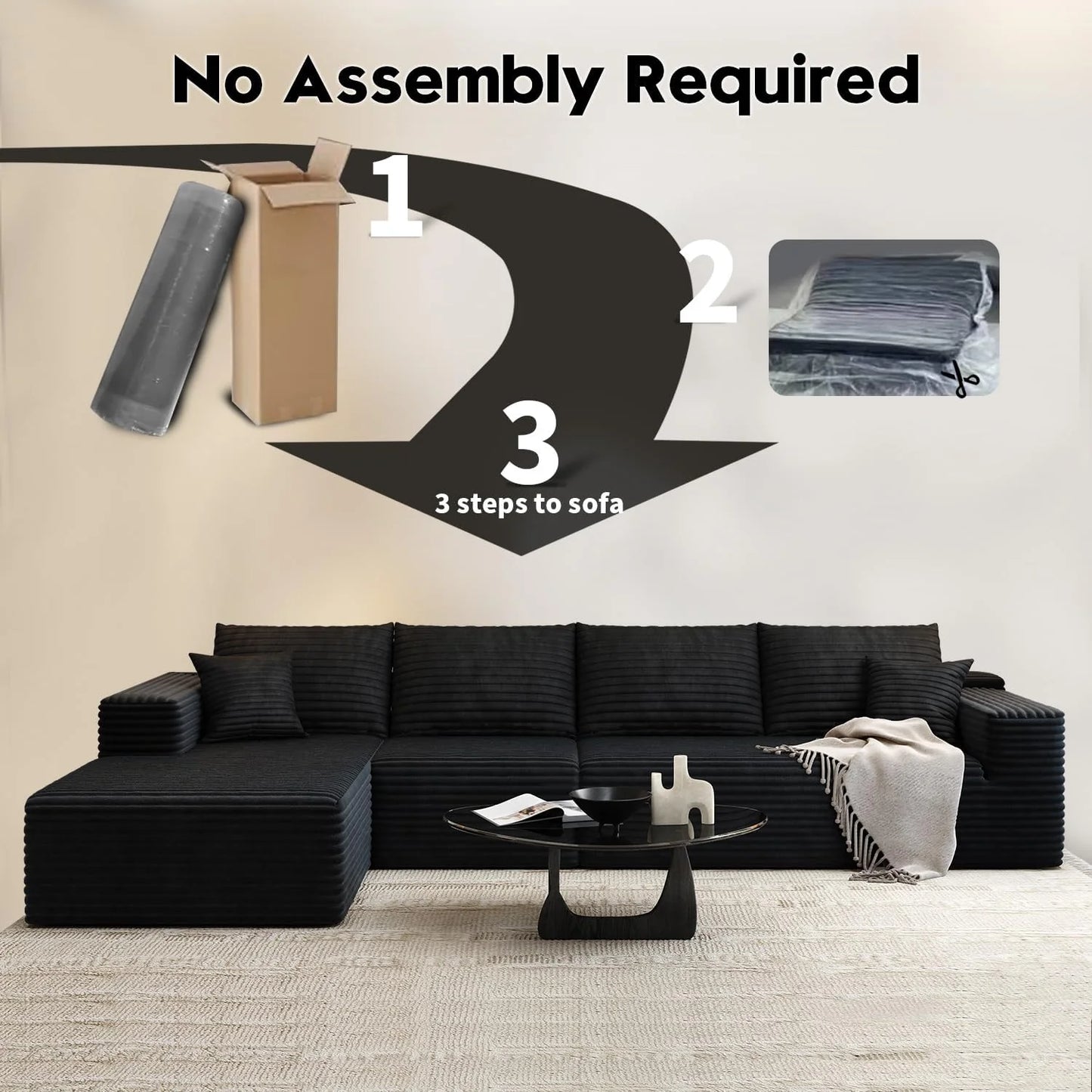 107.5" Cloud Modular Sectional Sofa Couch with L-Shape Chaise,Modern Minimalist Upholstered Couches for Living Room Bedroom,Deep Seat Corner Couch .No Assembly Required (Black,Left Facing Chaise)