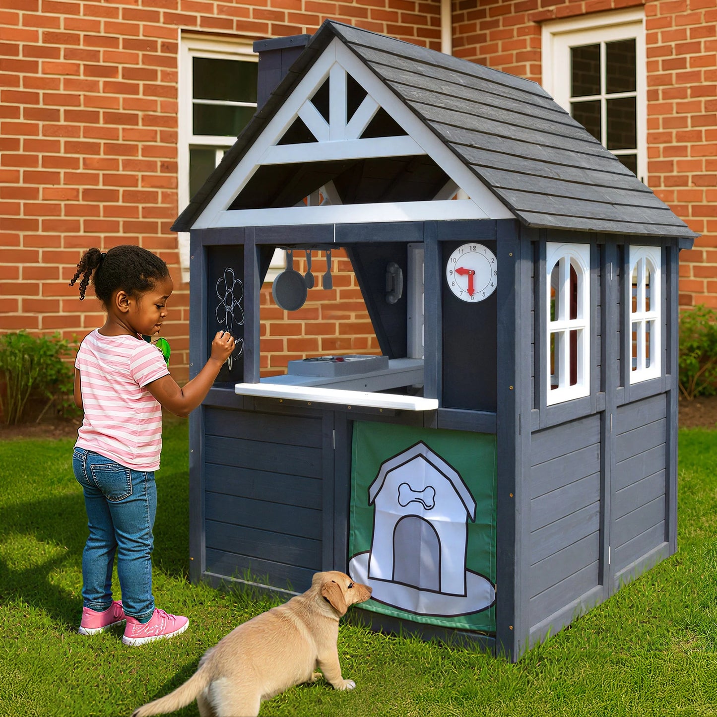 COCLUB Outdoor Playhouse for Kids Ages 4-8, Wooden Play House with Doorbell, Phone, Kitchen Toys, Outdoor Kids Play Equipment, Casa Para Ni?as (45L x 65H), White & Black