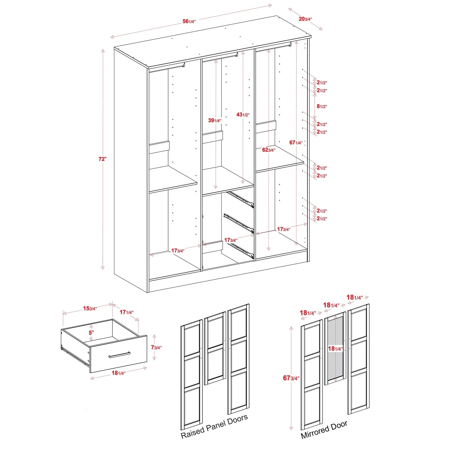 Palace Imports 100% Solid Wood Cosmo 3-Door Wardrobe Armoire with Solid Wood or Mirrored Doors