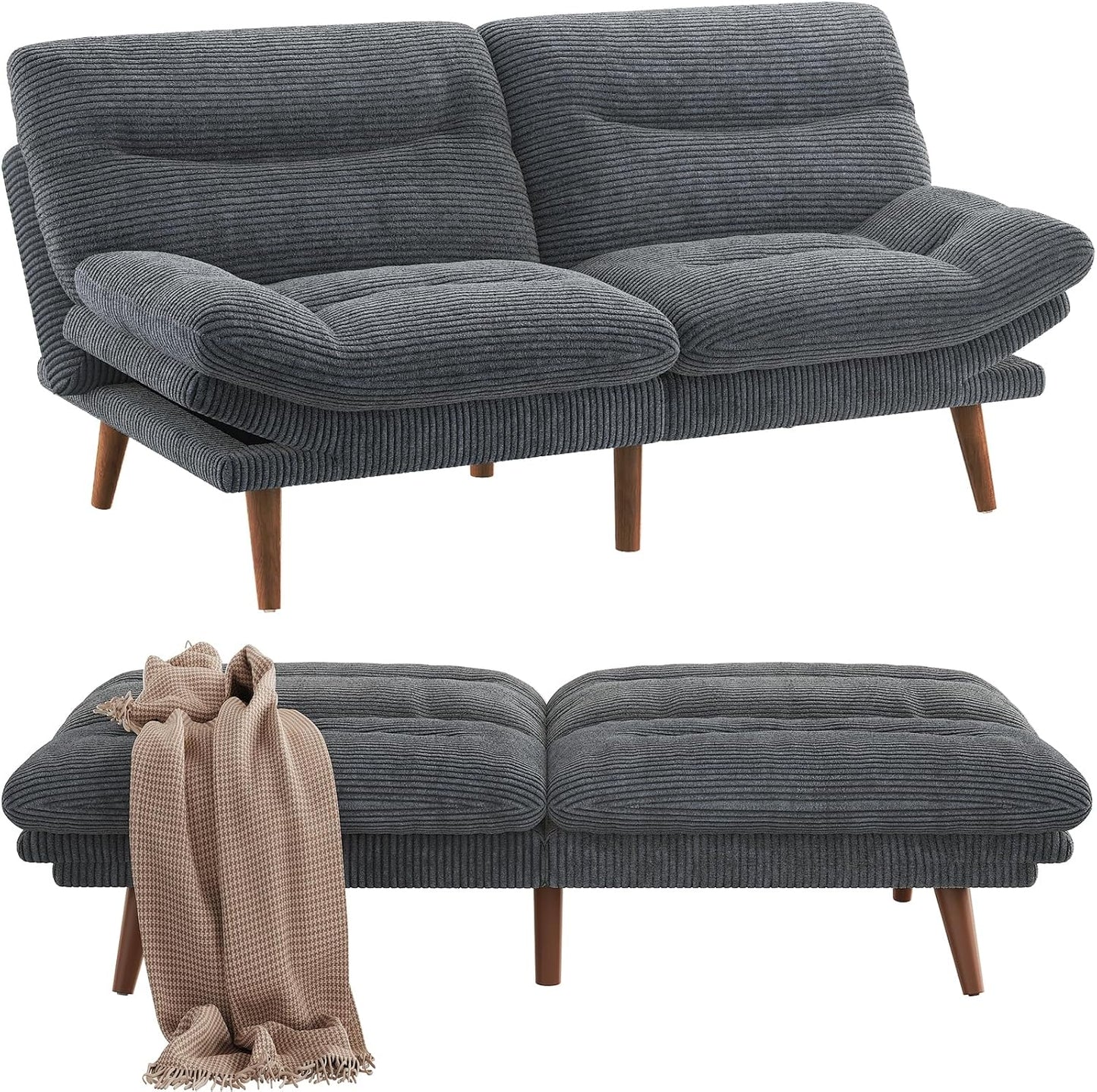 Pipishell Convertible Futon Sofa Bed,66" Corduroy Futon Couch with Adjustable Backrest and Armrests, Recliner Sleeper Sofa for Small Spaces, Play Room or Office, Grey