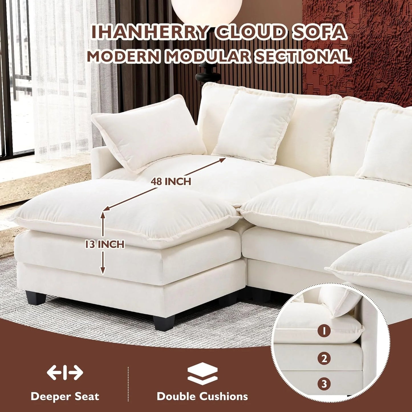 Ihanherry 146" U-Shaped Modern Sofa Modular Sectional Cloud Couch with 2 Ottoman, 6-Seat Chenille Deep Seat Sofa with 6 Pillows for Living Room, Bedroom and Apartment, Grey