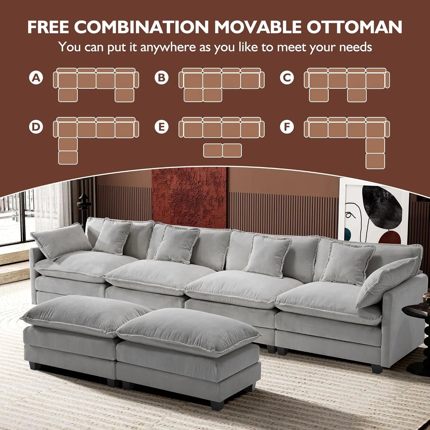 111.4 Inch L-Shaped Modern Sofa Modular Cloud Sofa Ottoman 4-Seater Chenille Deep Seat Sofa