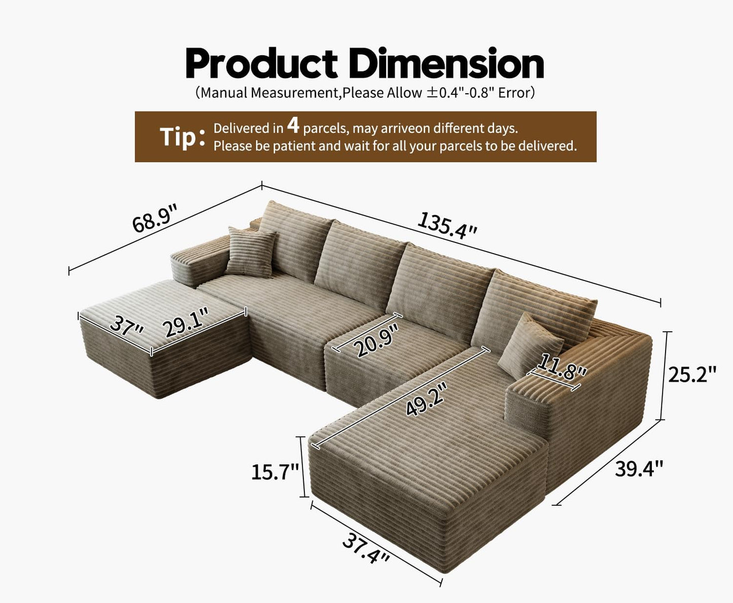 107.5" Cloud Modular Sectional Sofa Couch with L-Shape Chaise,Modern Minimalist Upholstered Couches for Living Room Bedroom,Deep Seat Corner Couch .No Assembly Required (Black,Left Facing Chaise)