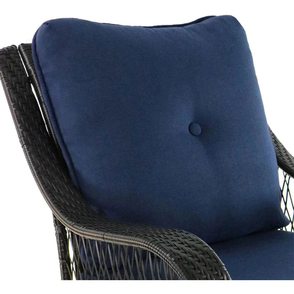 2025 5-Piece Steel Patio Fire Pit Conversation Set with Navy Blue Cushions, Swivel Gliders and Square Fire Pit Table