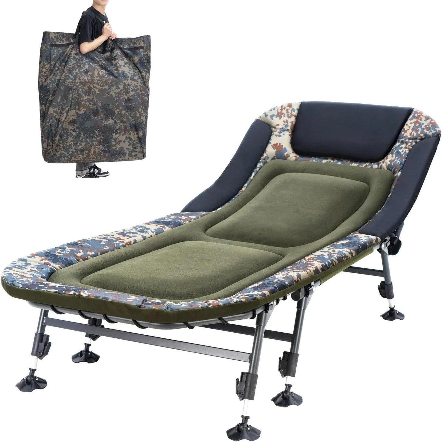Camping Cots for Adults 330Lbs with Carry Bag, Heavy Duty Folding Bed with Soft Padded Cushion, Portable Military Cot for Hunting, 180 Adjustable Reclining Outdoor Lounger