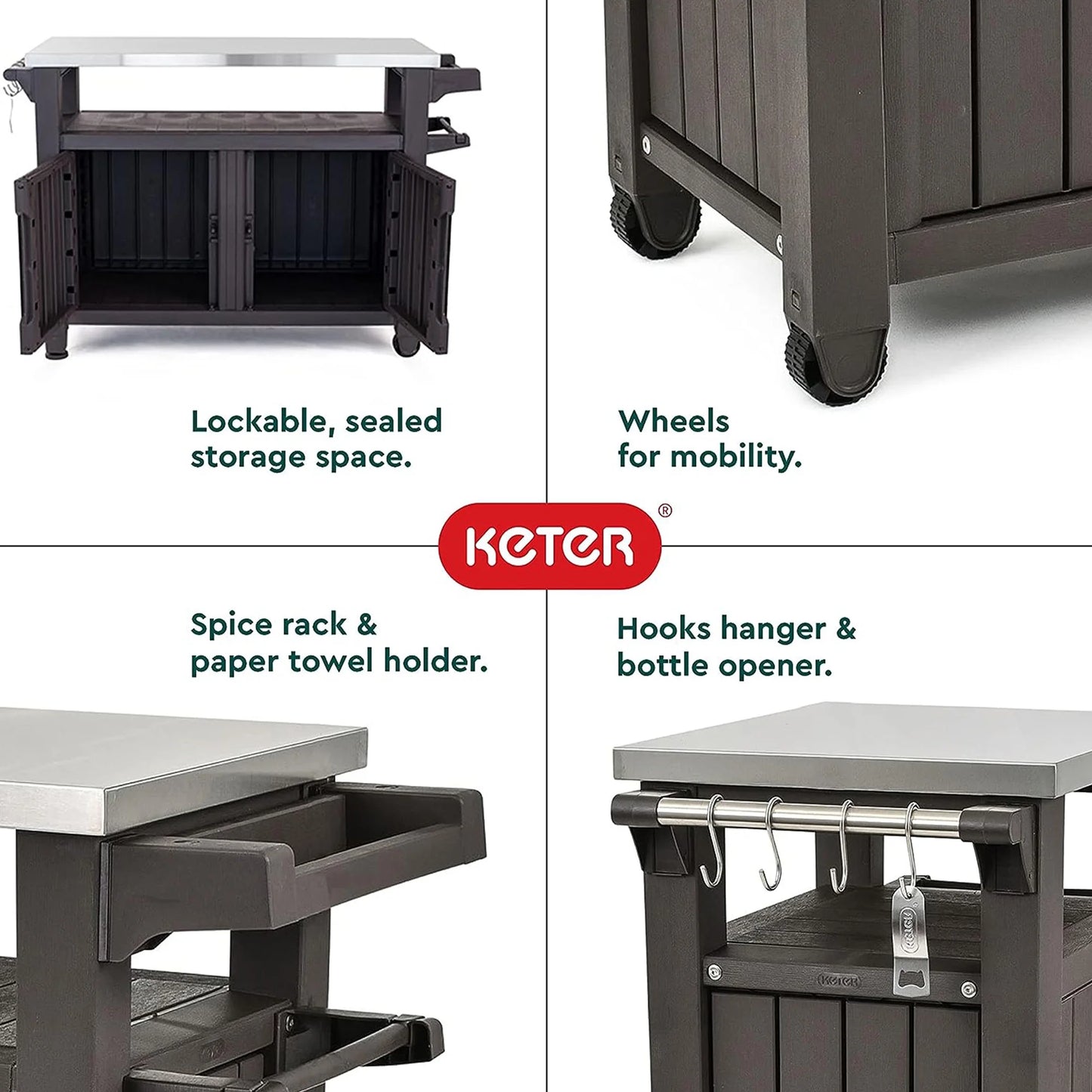 Keter Unity XL Outdoor Durable Kitchen Rolling Bar Cart with Storage Cabinet, Brown