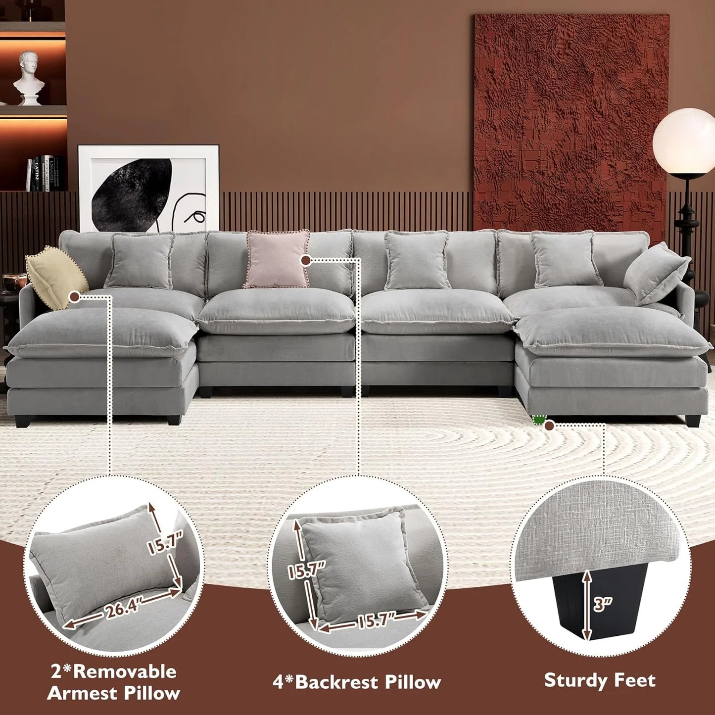 111.4 Inch L-Shaped Modern Sofa Modular Cloud Sofa Ottoman 4-Seater Chenille Deep Seat Sofa