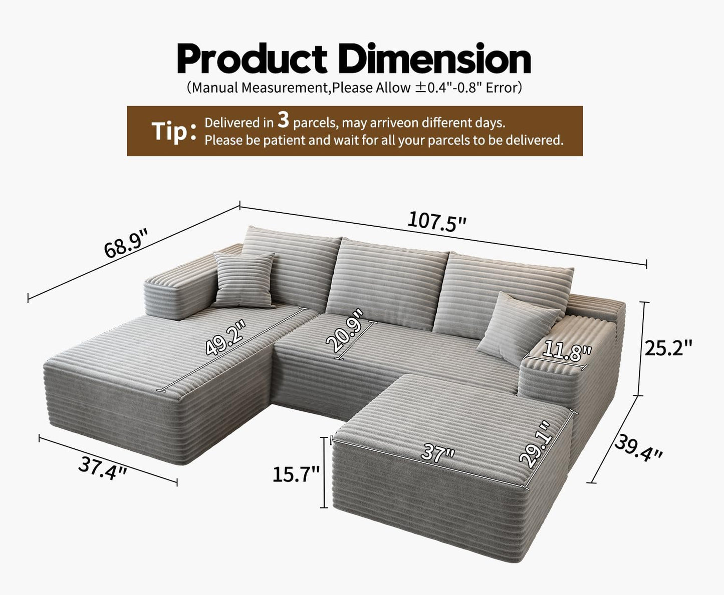 107.5" Cloud Modular Sectional Sofa Couch with L-Shape Chaise,Modern Minimalist Upholstered Couches for Living Room Bedroom,Deep Seat Corner Couch .No Assembly Required (Black,Left Facing Chaise)