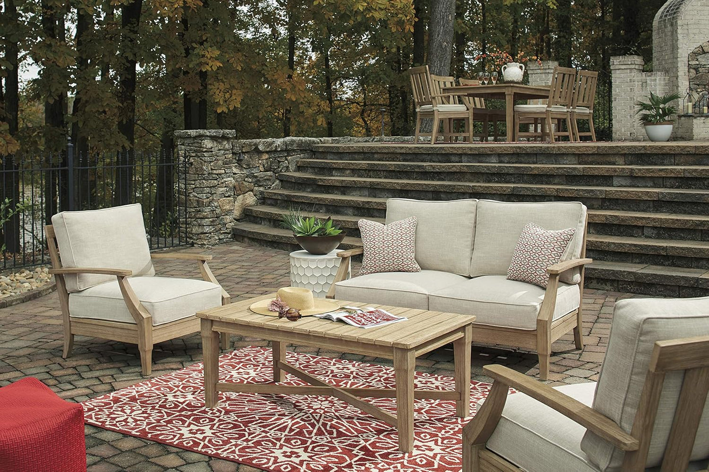 Signature Design by Ashley Clare View Coastal Outdoor Patio Eucalyptus Sofa with Cushions, Beige