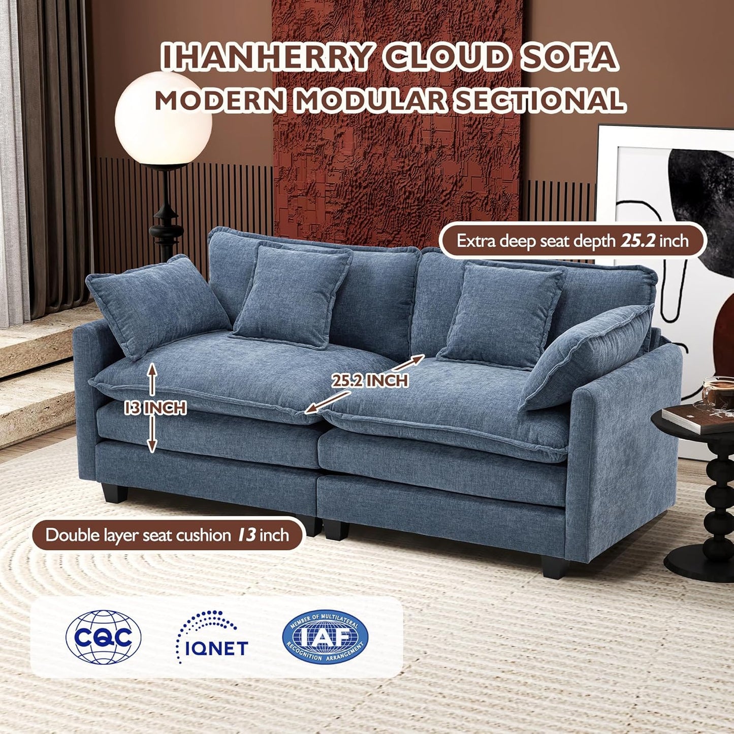 Ihanherry 146" U-Shaped Modern Sofa Modular Sectional Cloud Couch with 2 Ottoman, 6-Seat Chenille Deep Seat Sofa with 6 Pillows for Living Room, Bedroom and Apartment, Grey