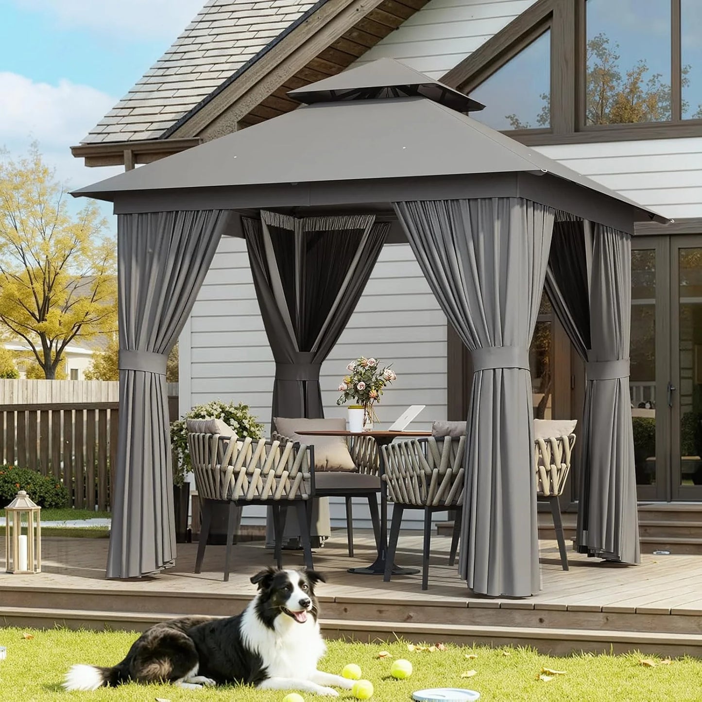 Aoxun Outdoor Gazebo for Patio 10x12, Metal Frame Canopy with Double Roofs, Heavy Duty Party Tent and Shelter with Mosquito Netting and Privacy Screen for Backyard, Lawn, Garden, Deck