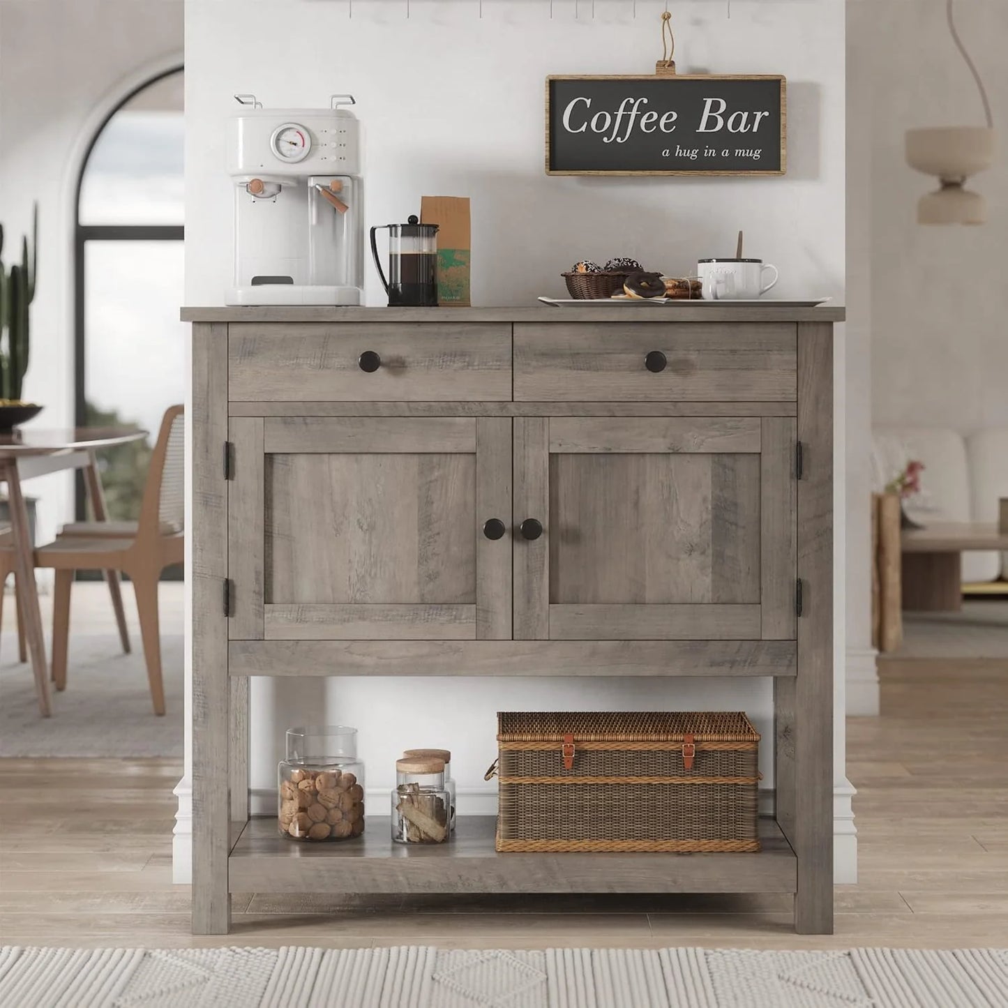 HOSTACK Farmhouse Console Table with 2-Door Cabinet & 2 Drawers, Coffee Bar, Entryway Table with Storage Shelf, Sofa Tables Buffet Sideboard for Kitchen, Hallway, Dining, Living Room, Rustic Brown