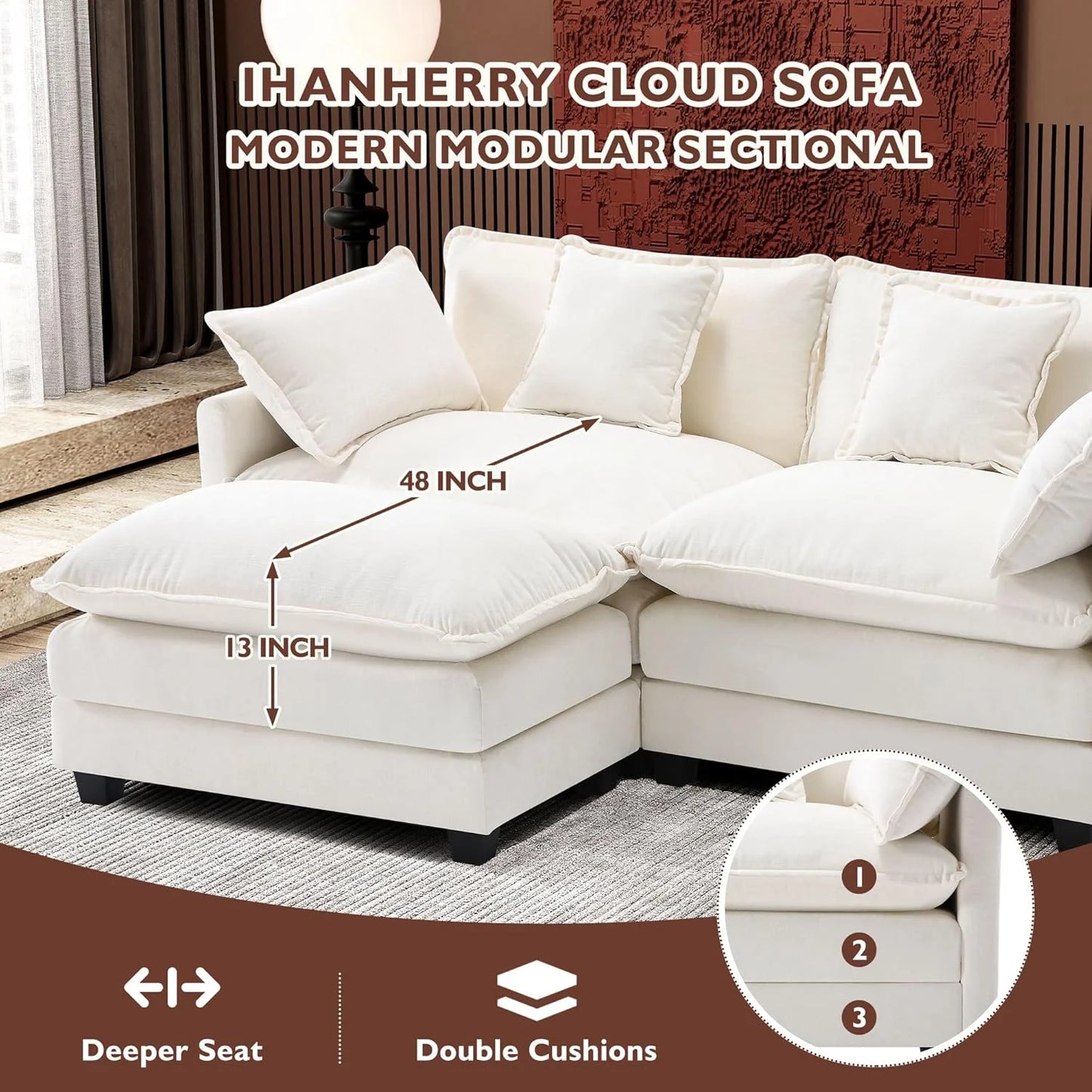 111.4 Inch L-Shaped Modern Sofa Modular Cloud Sofa Ottoman 4-Seater Chenille Deep Seat Sofa