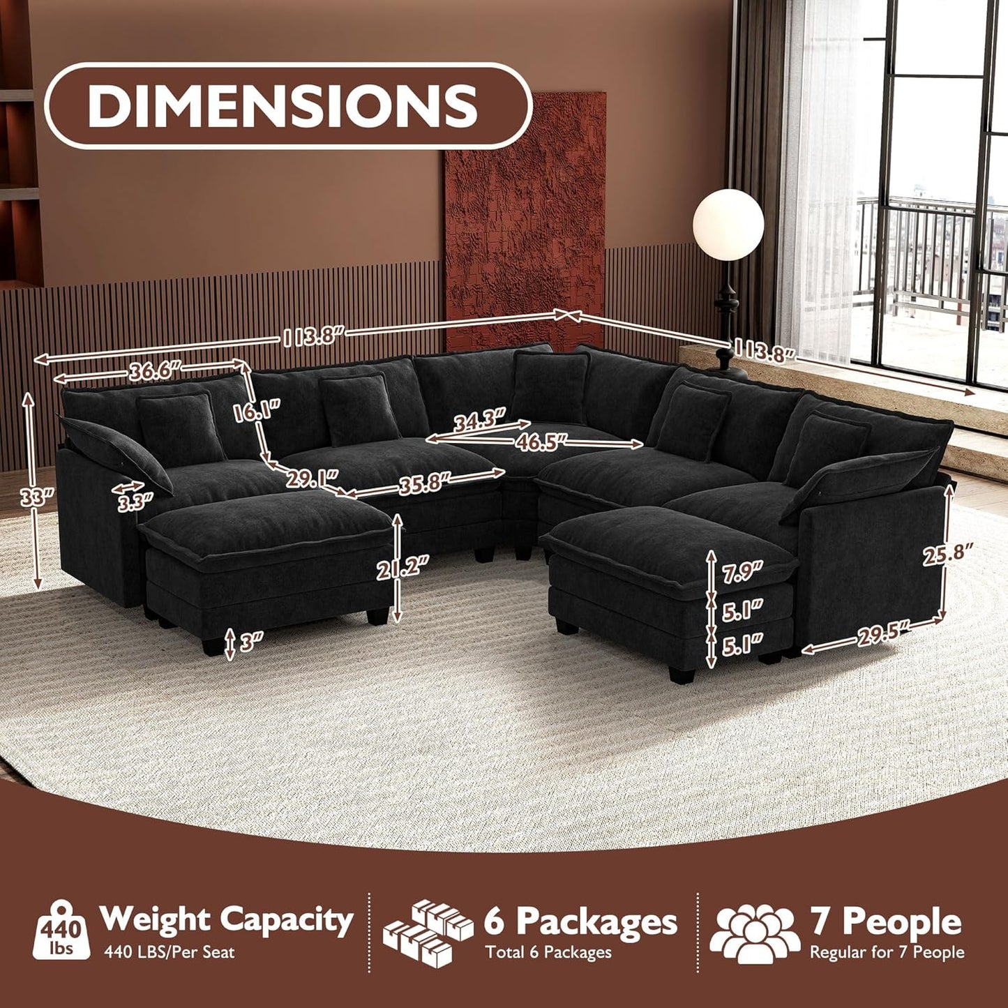 Ihanherry 146" U-Shaped Modern Sofa Modular Sectional Cloud Couch with 2 Ottoman, 6-Seat Chenille Deep Seat Sofa with 6 Pillows for Living Room, Bedroom and Apartment, Grey