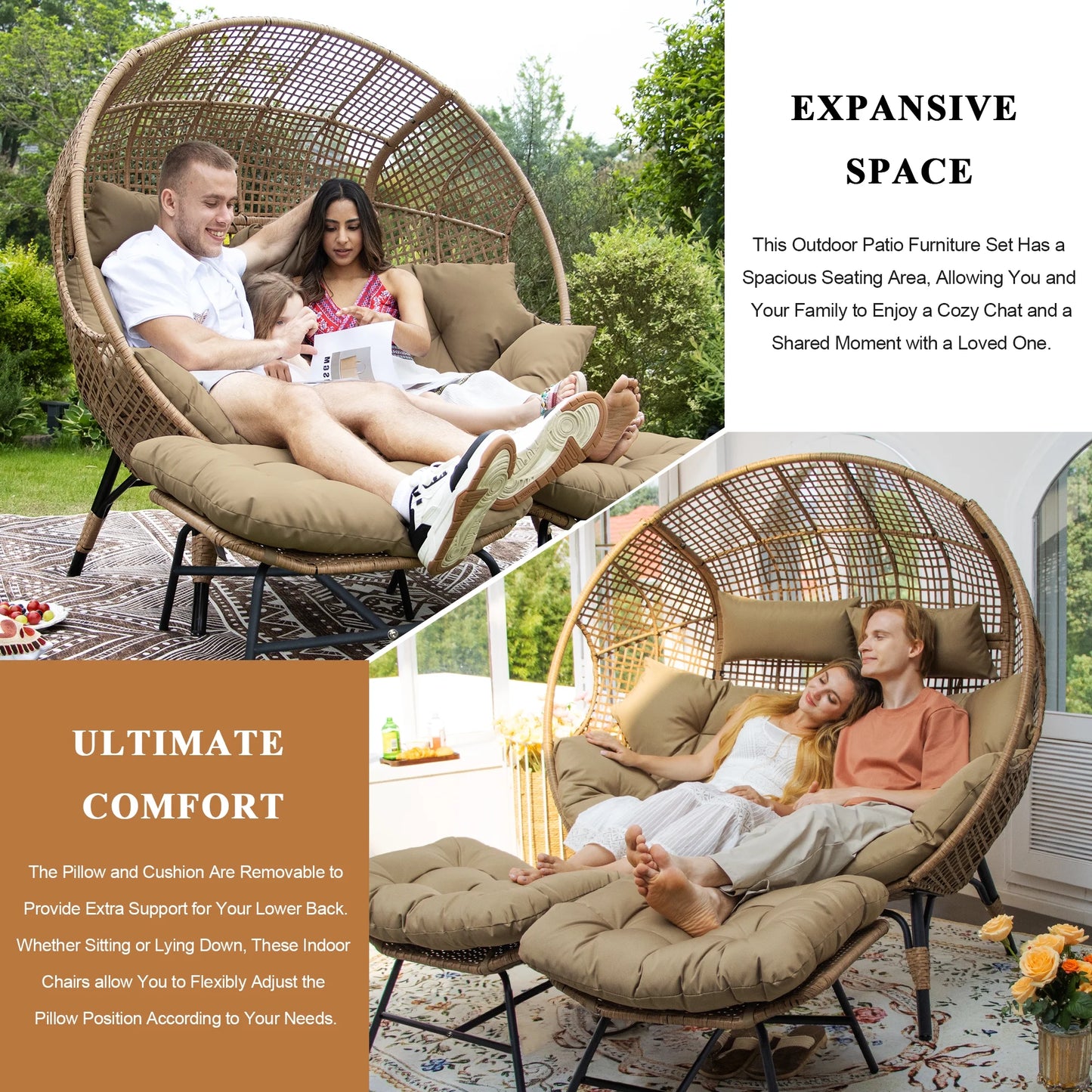 RADIATA Double Egg Chair for 2 Person, Oversized Wicker Loveseat with Thick Cushions, 680 lbs Capacity, Indoor Outdoor Stationary Patio Lounge Chair for Balcony, Garden, Beige