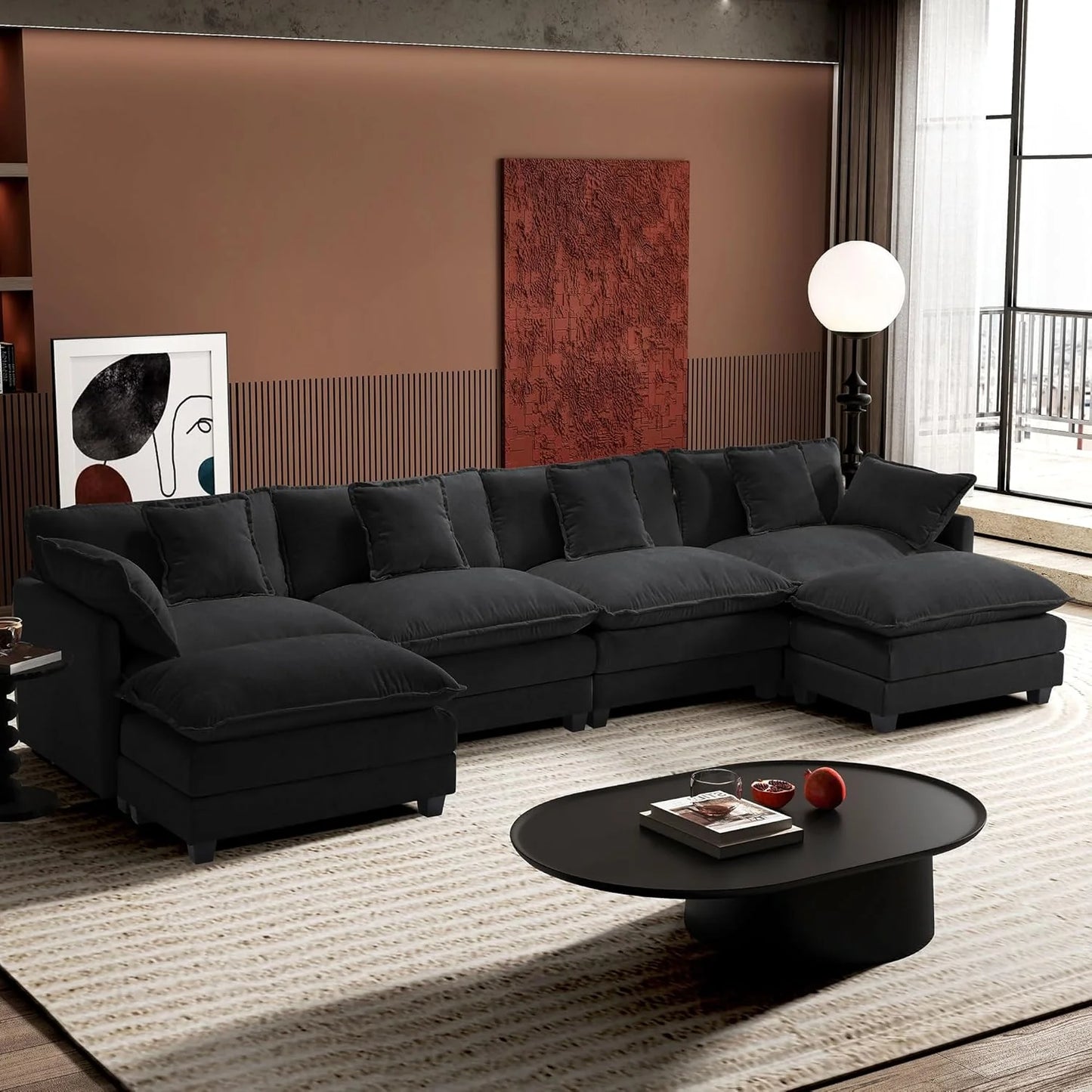 Ihanherry 146" U-Shaped Modern Sofa Modular Sectional Cloud Couch with 2 Ottoman, 6-Seat Chenille Deep Seat Sofa with 6 Pillows for Living Room, Bedroom and Apartment, Grey