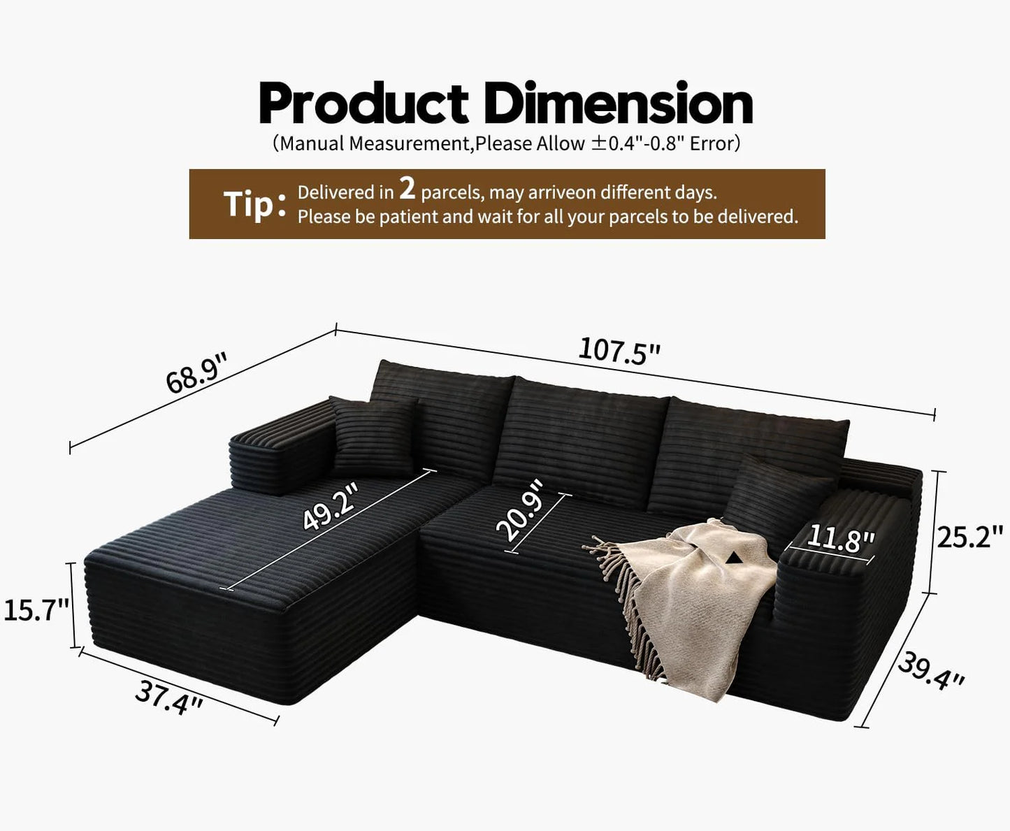 107.5" Cloud Modular Sectional Sofa Couch with L-Shape Chaise,Modern Minimalist Upholstered Couches for Living Room Bedroom,Deep Seat Corner Couch .No Assembly Required (Black,Left Facing Chaise)