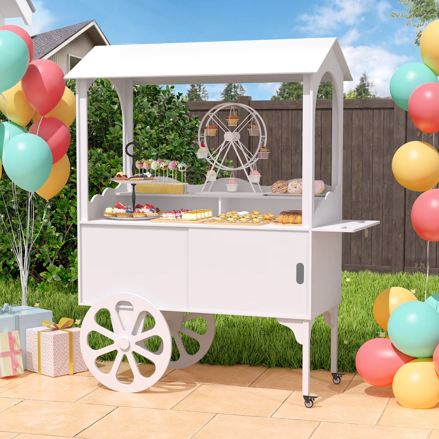 Candy Cart with Wheels for PartyWood Dessert Cart with Storage Cabinet