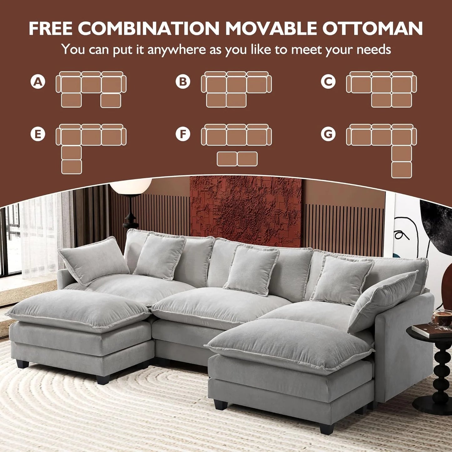 111.4 Inch L-Shaped Modern Sofa Modular Cloud Sofa Ottoman 4-Seater Chenille Deep Seat Sofa