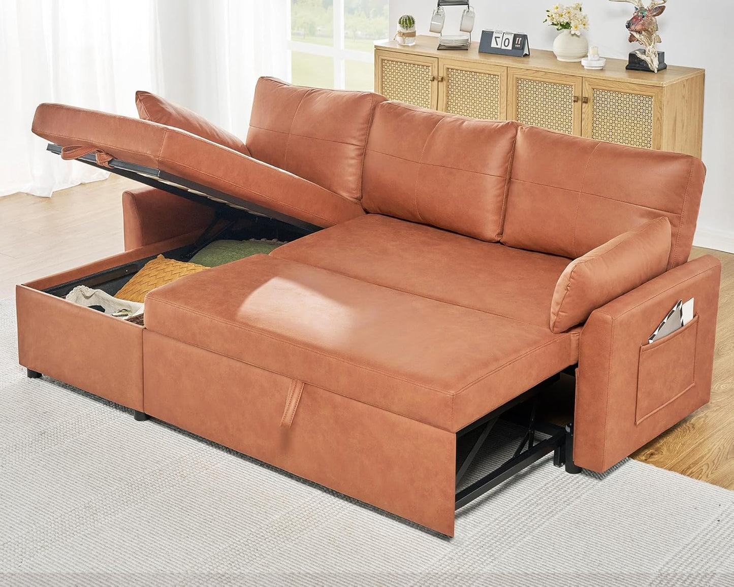 VanAcc Sofa Bed, Sleeper Sofa with Storage Chaise 2 in 1 Pull Out Couch Living Room