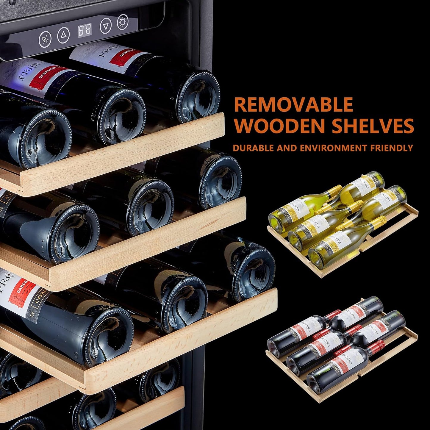 24 inch Wine Cooler, 46 Bottle - Dual Zone Built-in or Freestanding Fridge with Stainless Steel Reversible Glass Door, for Home, Kitchen, or Office.