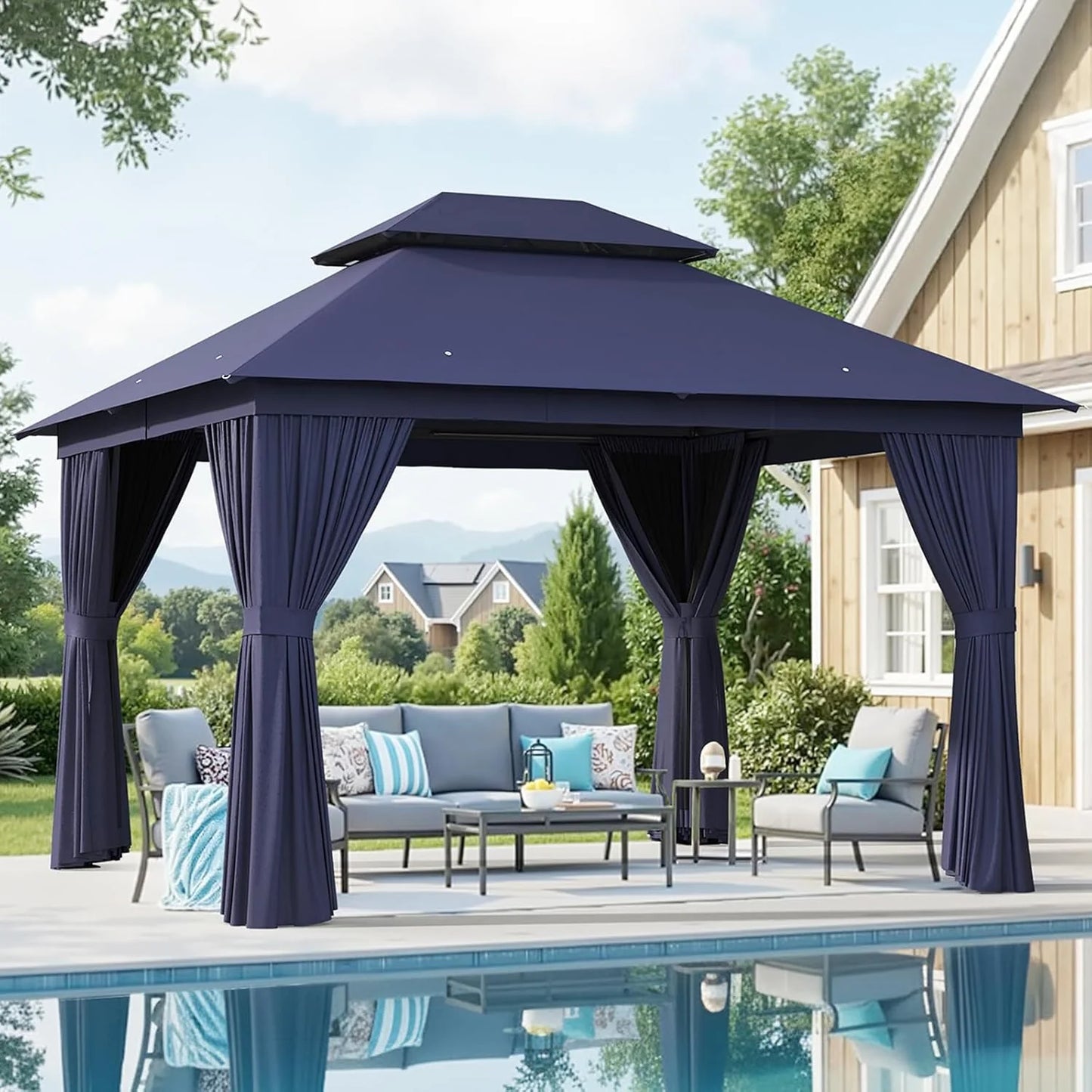 Aoxun Outdoor Gazebo for Patio 10x12, Metal Frame Canopy with Double Roofs, Heavy Duty Party Tent and Shelter with Mosquito Netting and Privacy Screen for Backyard, Lawn, Garden, Deck