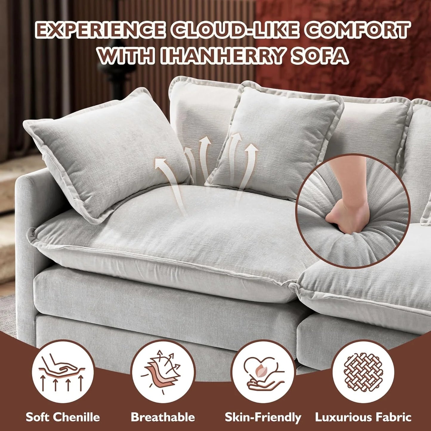 Ihanherry 146" U-Shaped Modern Sofa Modular Sectional Cloud Couch with 2 Ottoman, 6-Seat Chenille Deep Seat Sofa with 6 Pillows for Living Room, Bedroom and Apartment, Grey