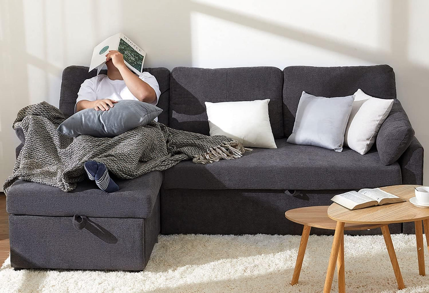 VanAcc Sofa Bed, Sleeper Sofa with Storage Chaise 2 in 1 Pull Out Couch Living Room