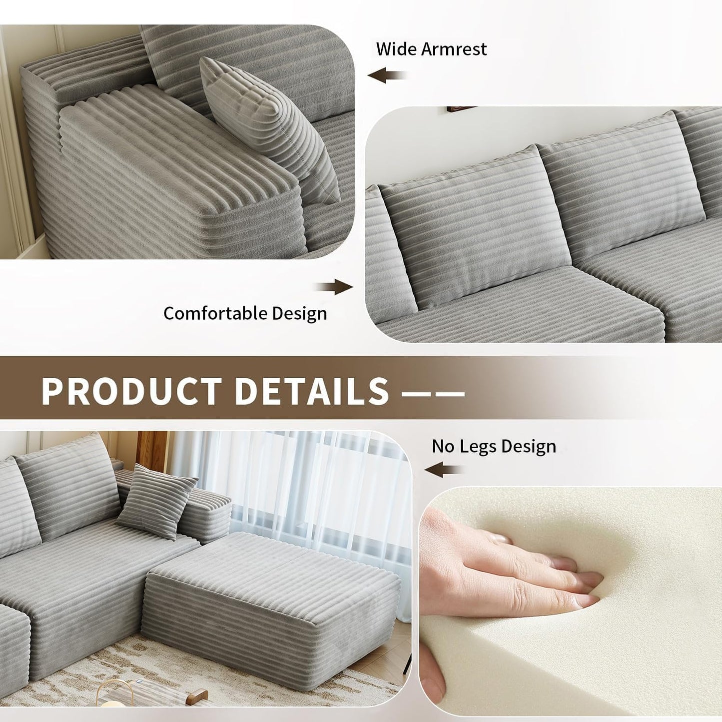 107.5" Cloud Modular Sectional Sofa Couch with L-Shape Chaise,Modern Minimalist Upholstered Couches for Living Room Bedroom,Deep Seat Corner Couch .No Assembly Required (Black,Left Facing Chaise)