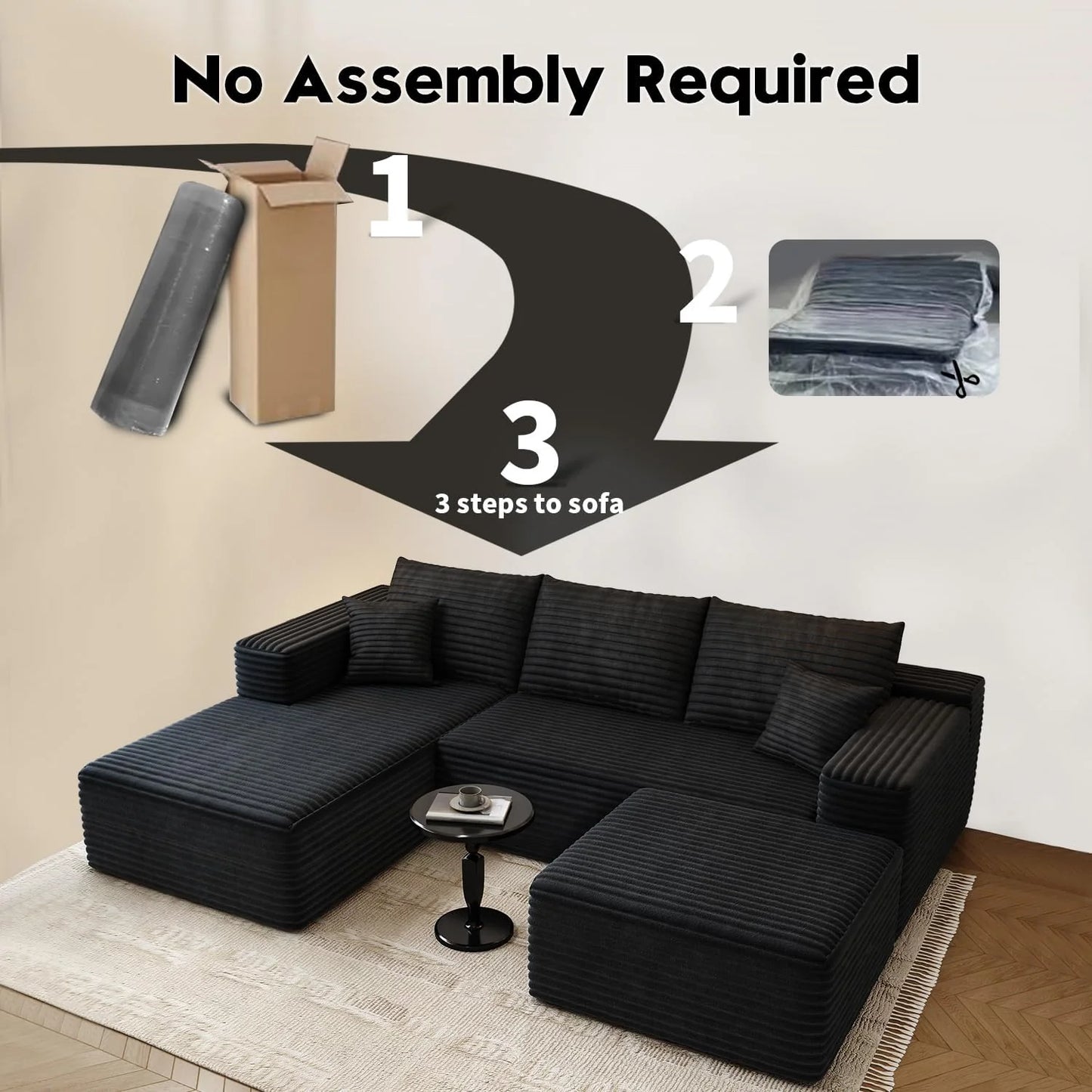 107.5" Cloud Modular Sectional Sofa Couch with L-Shape Chaise,Modern Minimalist Upholstered Couches for Living Room Bedroom,Deep Seat Corner Couch .No Assembly Required (Black,Left Facing Chaise)