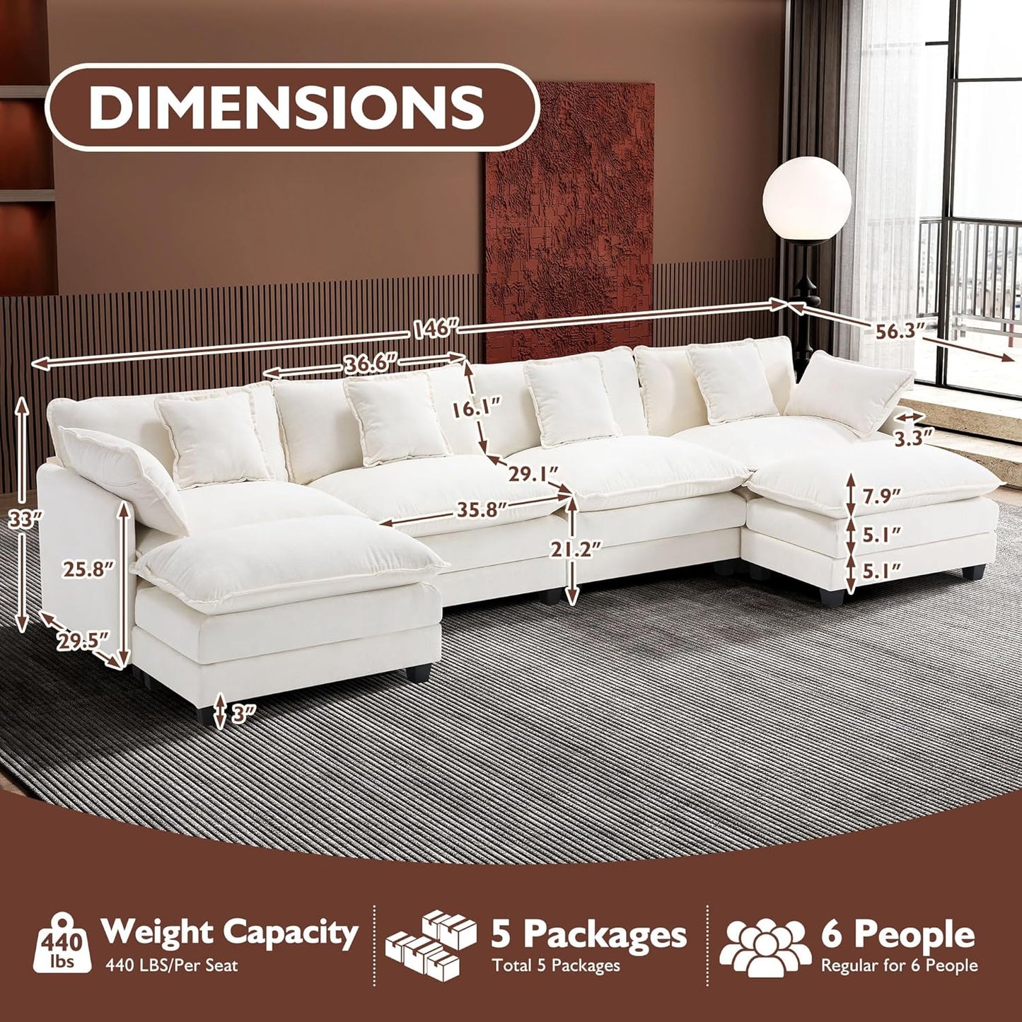 Ihanherry 146" U-Shaped Modern Sofa Modular Sectional Cloud Couch with 2 Ottoman, 6-Seat Chenille Deep Seat Sofa with 6 Pillows for Living Room, Bedroom and Apartment, Grey