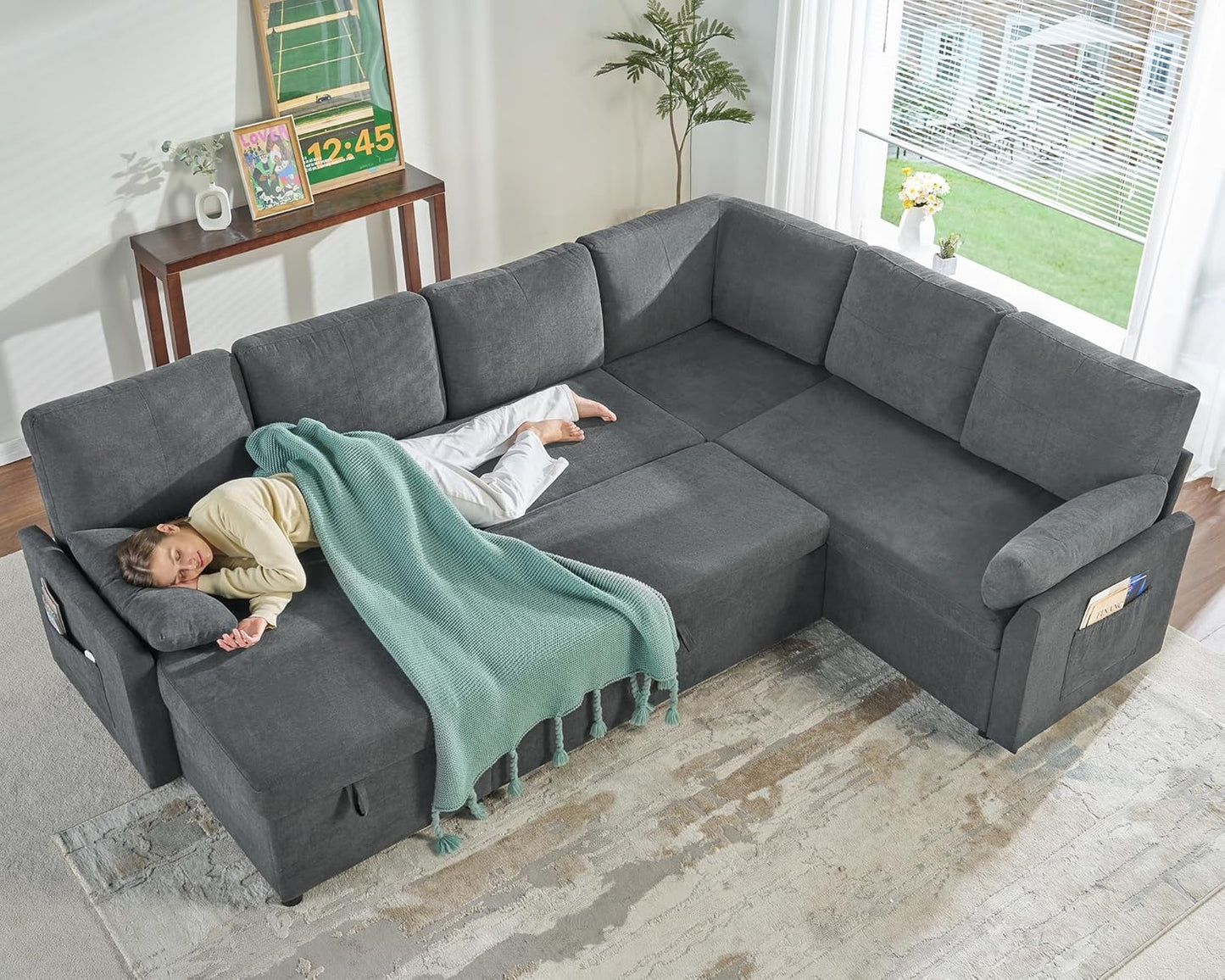 VanAcc Sofa Bed, Sleeper Sofa with Storage Chaise 2 in 1 Pull Out Couch Living Room