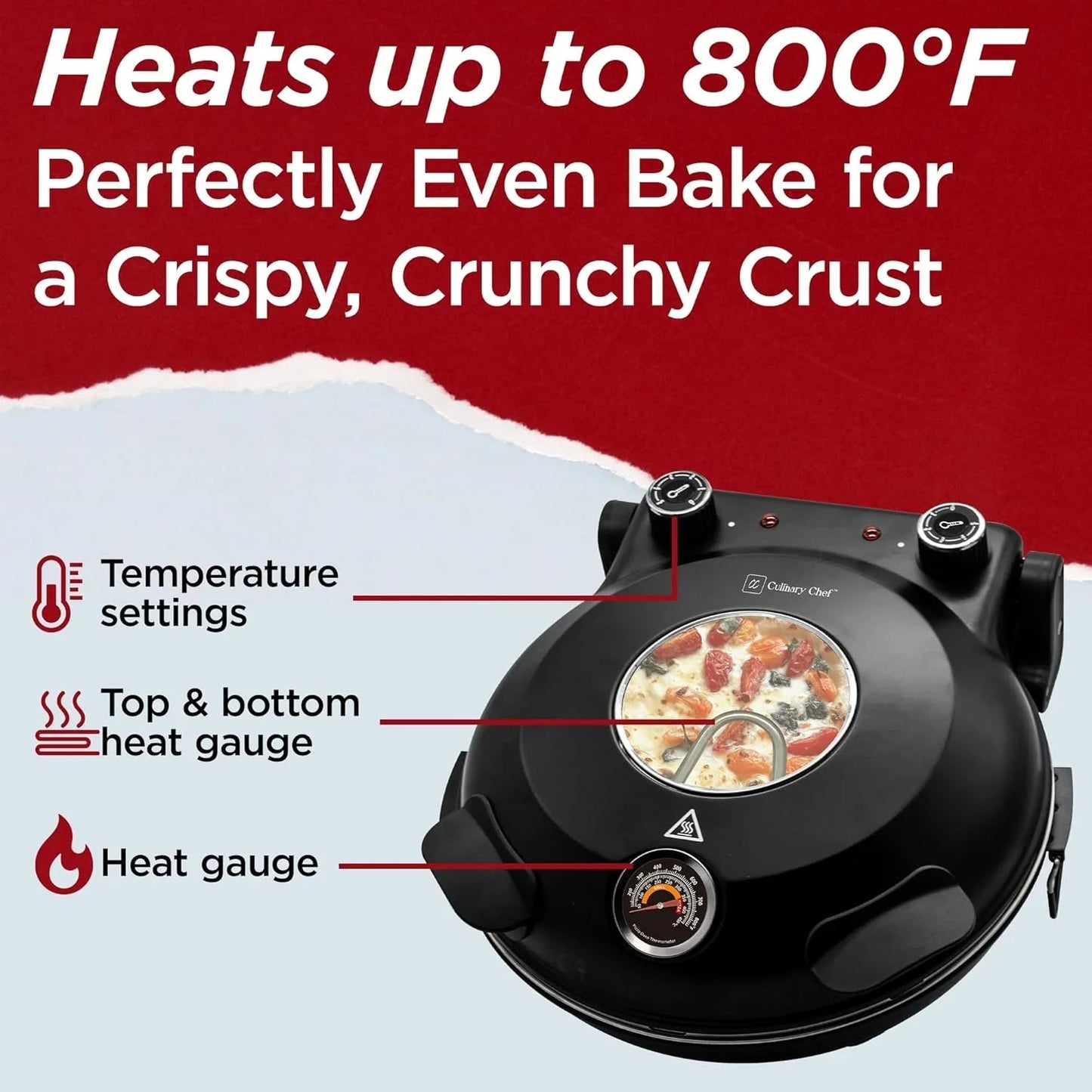 Electric Pizza Oven with Ceramic Stone, Viewing Window, Adjustable Heat Control, Timer and 1200W Baking Power, DIY Homemade Pizzeria, Large 12 Pie Capacity (Black)