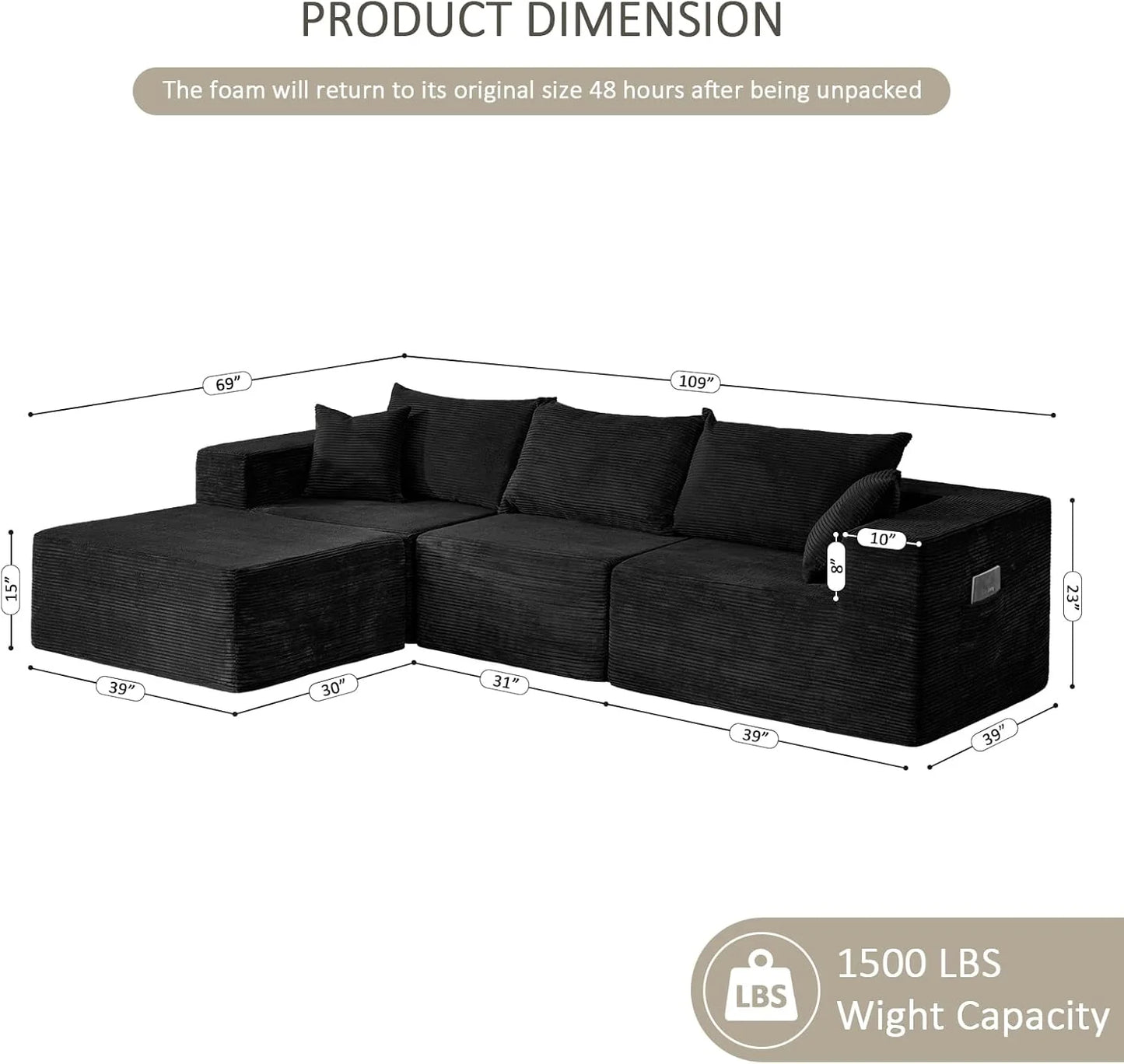 Cloud Sectional Couch with L-Shape Chaise,Modern Modular Sofa with Deep Seat, Upholstered Couches for Living Room Bedroom,No Assembly Required, Beige (Left Facing Chaise)