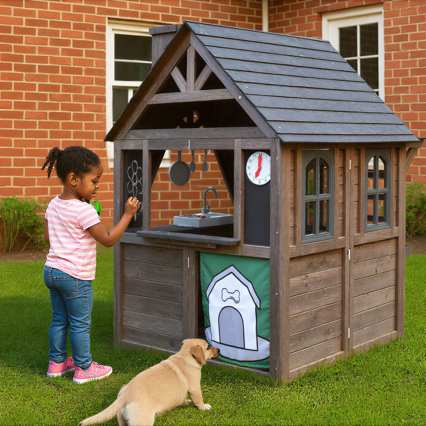 COCLUB Outdoor Playhouse for Kids Ages 4-8, Wooden Play House with Doorbell, Phone, Kitchen Toys, Outdoor Kids Play Equipment, Casa Para Ni?as (45L x 65H), White & Black