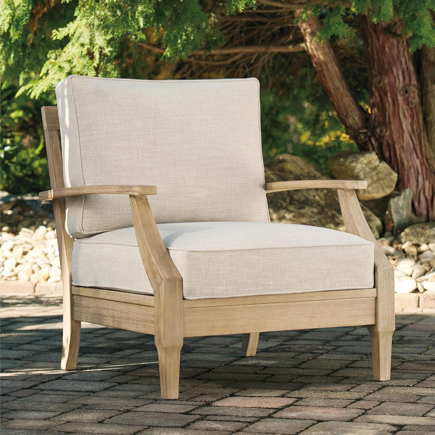 Signature Design by Ashley Clare View Coastal Outdoor Patio Eucalyptus Sofa with Cushions, Beige