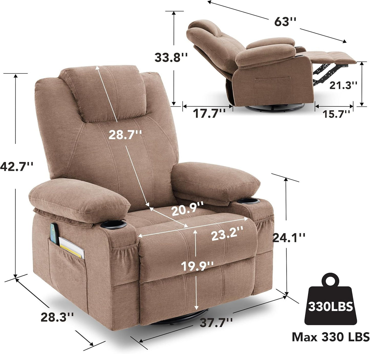 Oversized Swivel Rocker Recliner Chair with Heat and Massage, 360 Degree Swivel Rocking Single Sofa with Cup Holders and USB Port, Large Big Recliner Chair for Living Room (Leather, Brown)
