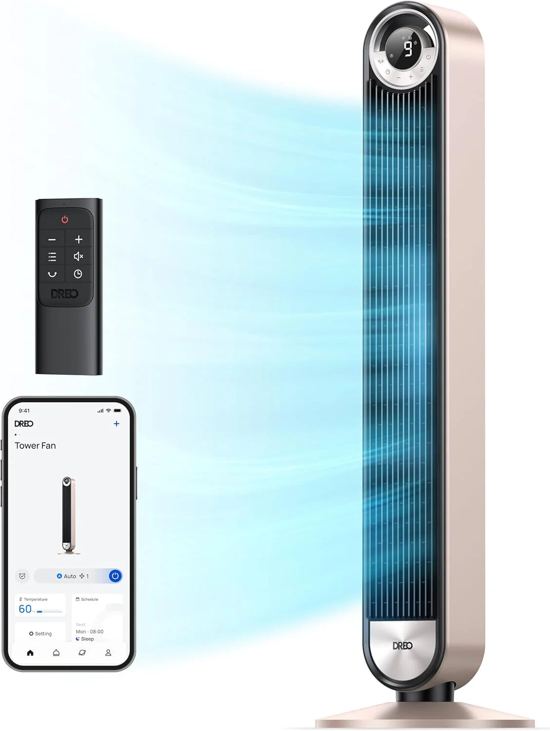 DREO Tower Fan for Bedroom, 90掳 Oscillating Standing Fan with 28ft/s Velocity, 20dB Quiet for Sleep, DC Motor, 9 Speeds, 4 Modes, 12H Timer, Voice & APP & Remote Control, 42" Cruiser Pro T2 S