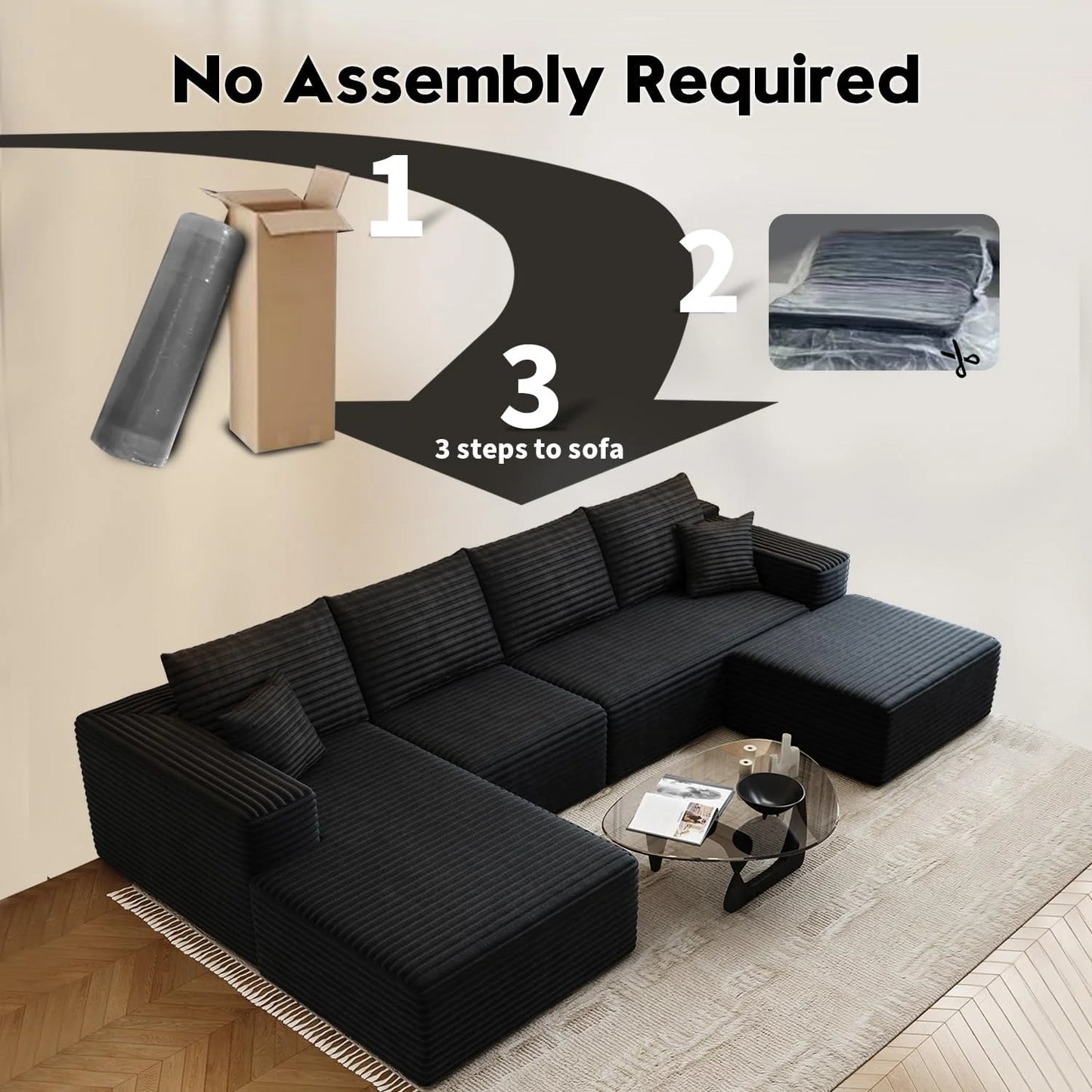 107.5" Cloud Modular Sectional Sofa Couch with L-Shape Chaise,Modern Minimalist Upholstered Couches for Living Room Bedroom,Deep Seat Corner Couch .No Assembly Required (Black,Left Facing Chaise)