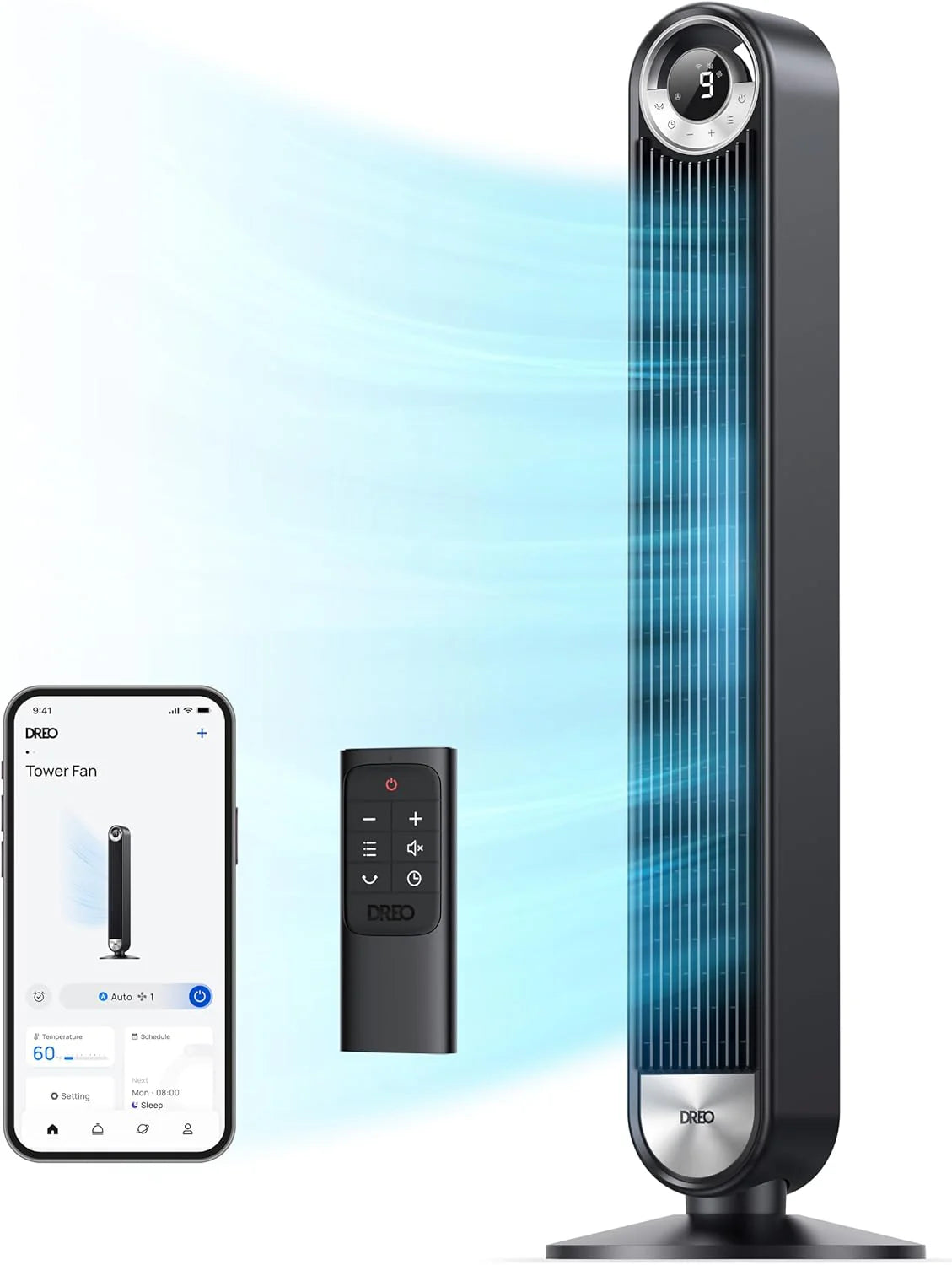 DREO Tower Fan for Bedroom, 90掳 Oscillating Standing Fan with 28ft/s Velocity, 20dB Quiet for Sleep, DC Motor, 9 Speeds, 4 Modes, 12H Timer, Voice & APP & Remote Control, 42" Cruiser Pro T2 S