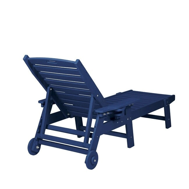 3-Piece Patio Set  2 Oversized Chaise Lounges (5-Position, Wheels, Cup Holder) + Side Table, All-Weather Wood Texture.