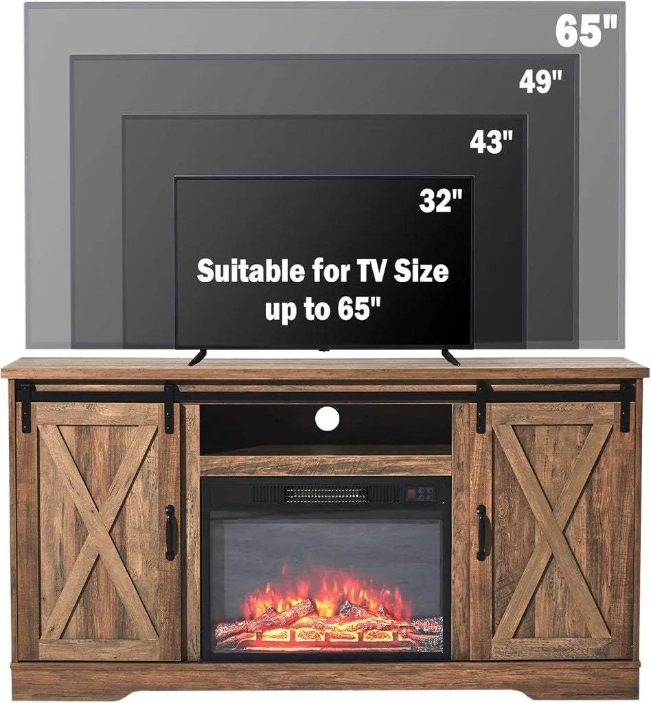 AMERLIFE Fireplace TV Stand with Sliding Barn Door for TVs up to 73", Farmhouse 63" Fireplace Entertainment Center with Storage Cabinets/Adjustable Shelves